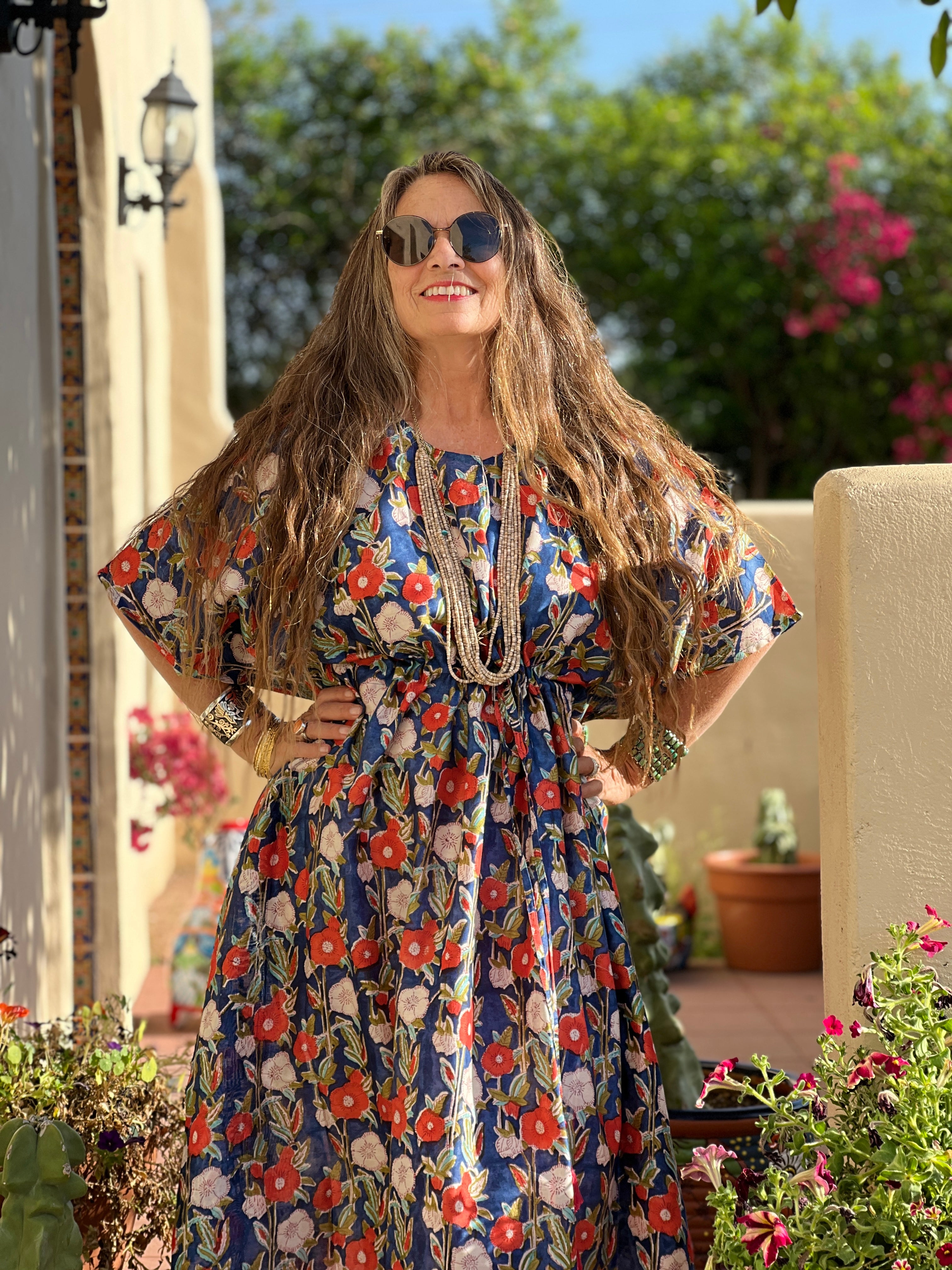 Fuji Floral Chanderi Silk Maxi Kaftan Dress