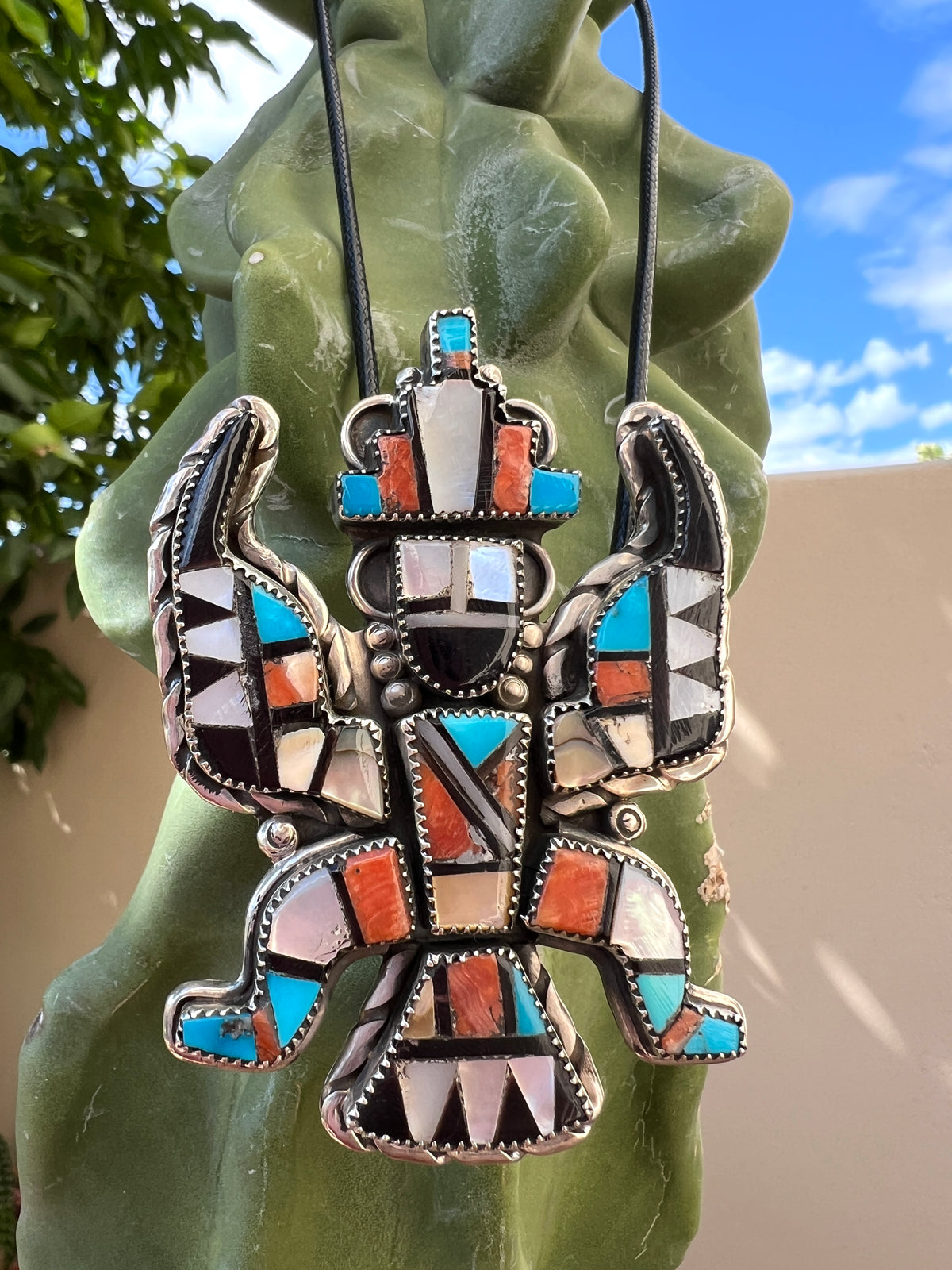 Vintage Zuni Silver, Turquoise, Coral Knife Wing Pin Pendant Necklace