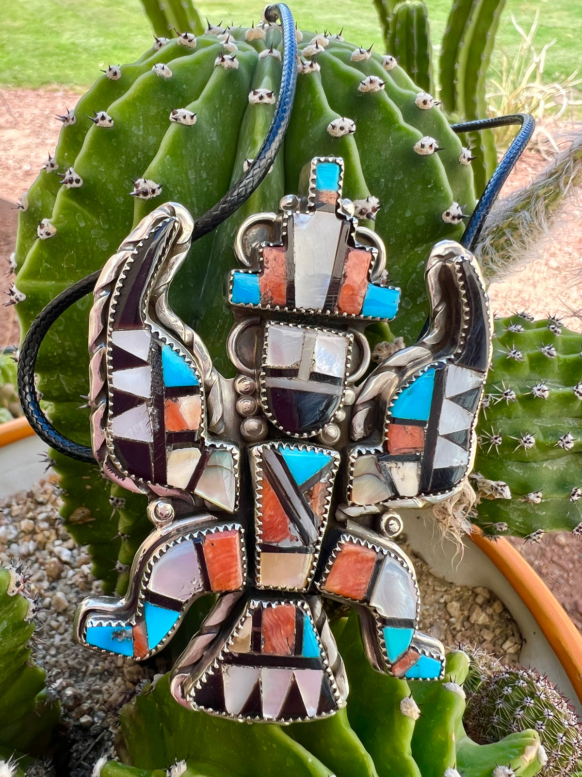 Vintage Zuni Silver, Turquoise, Coral Knife Wing Pin Pendant Necklace