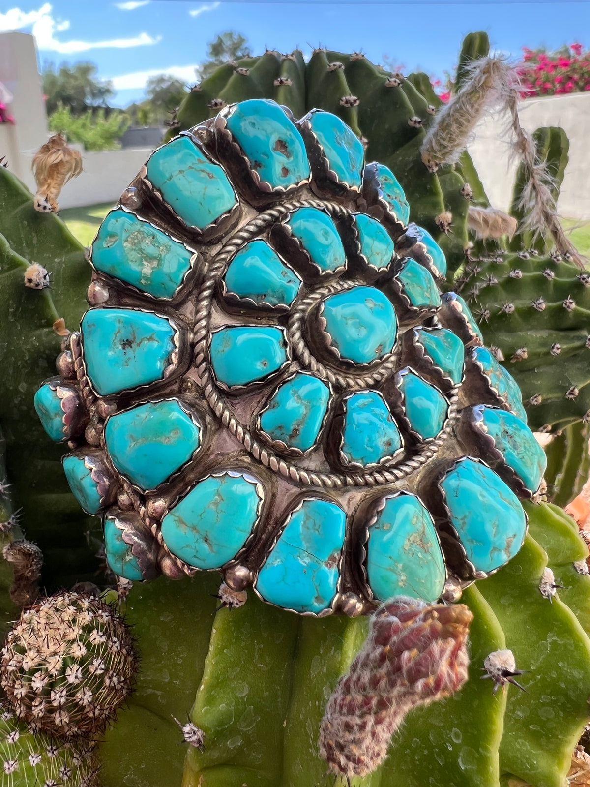 Vintage Sleeping Beauty Turquoise Navajo Cluster Bracelet Cuff