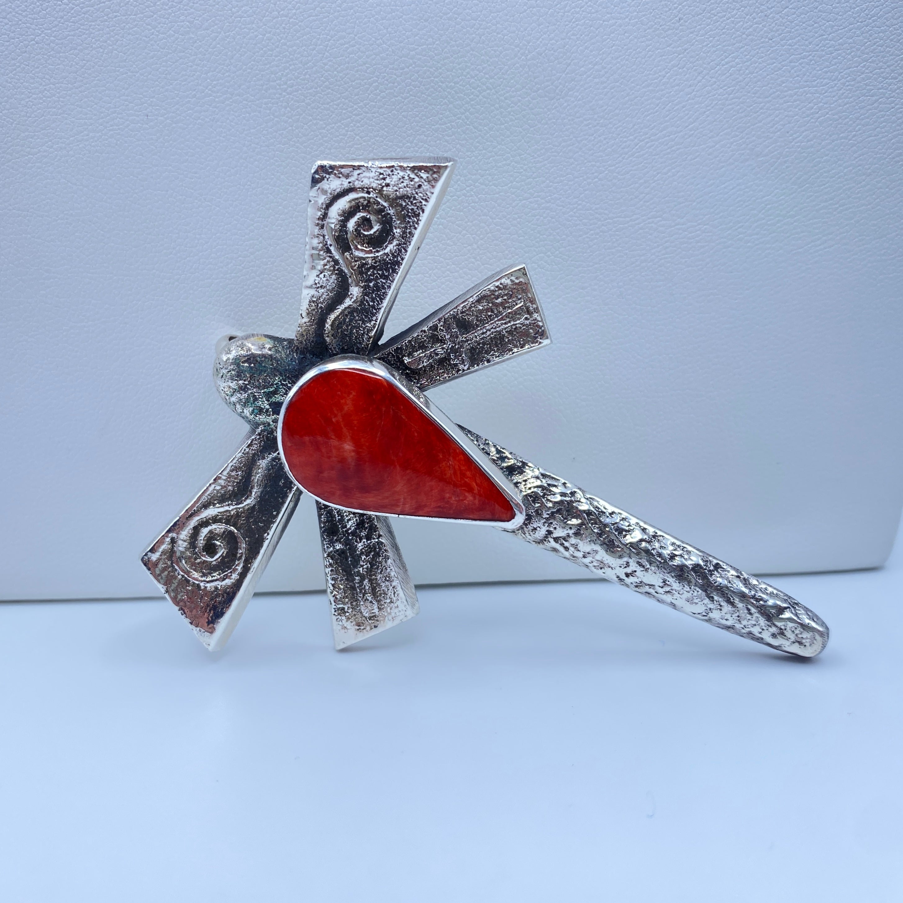 Coral Navajo Silver Dragonfly Pendant