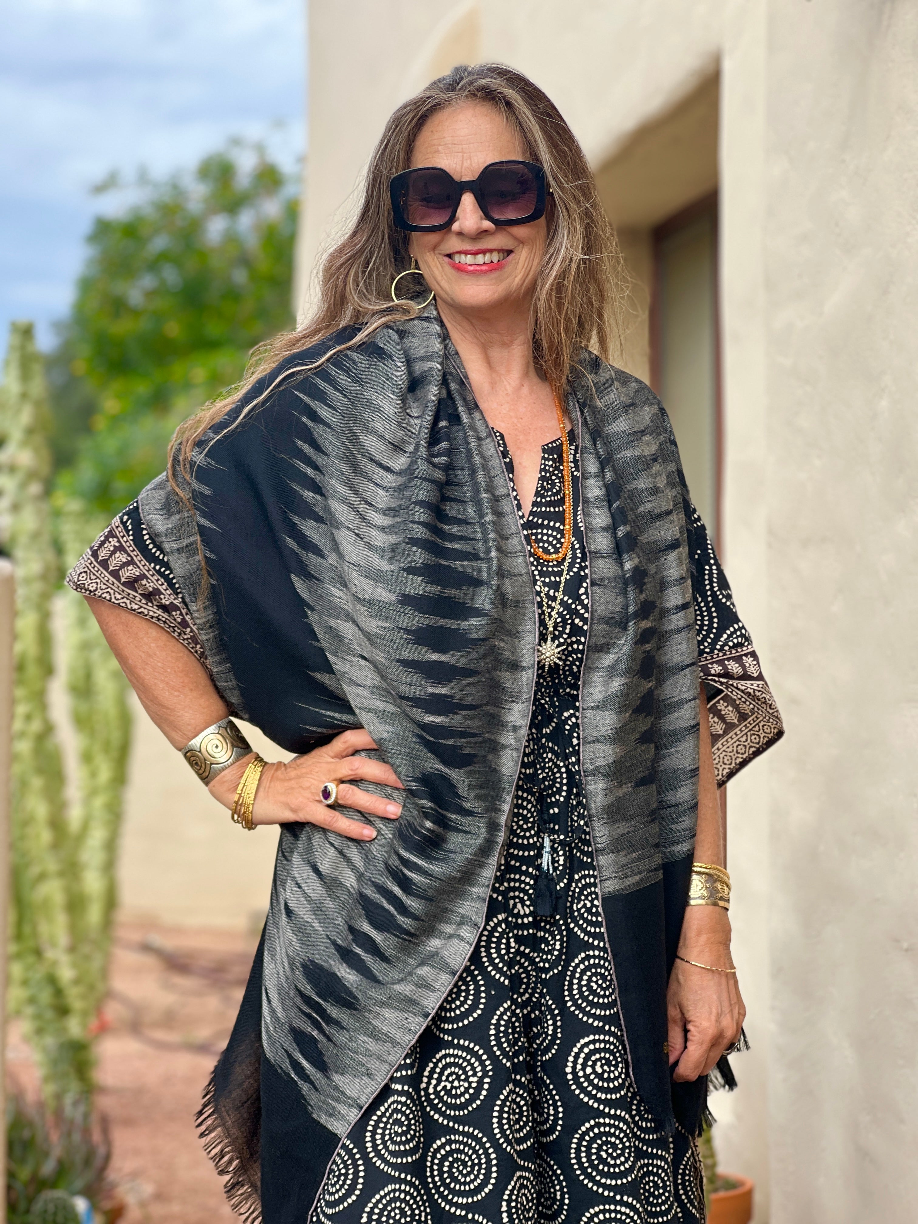 Black and Grey Ikat Pashmina Shawl One of a Kind