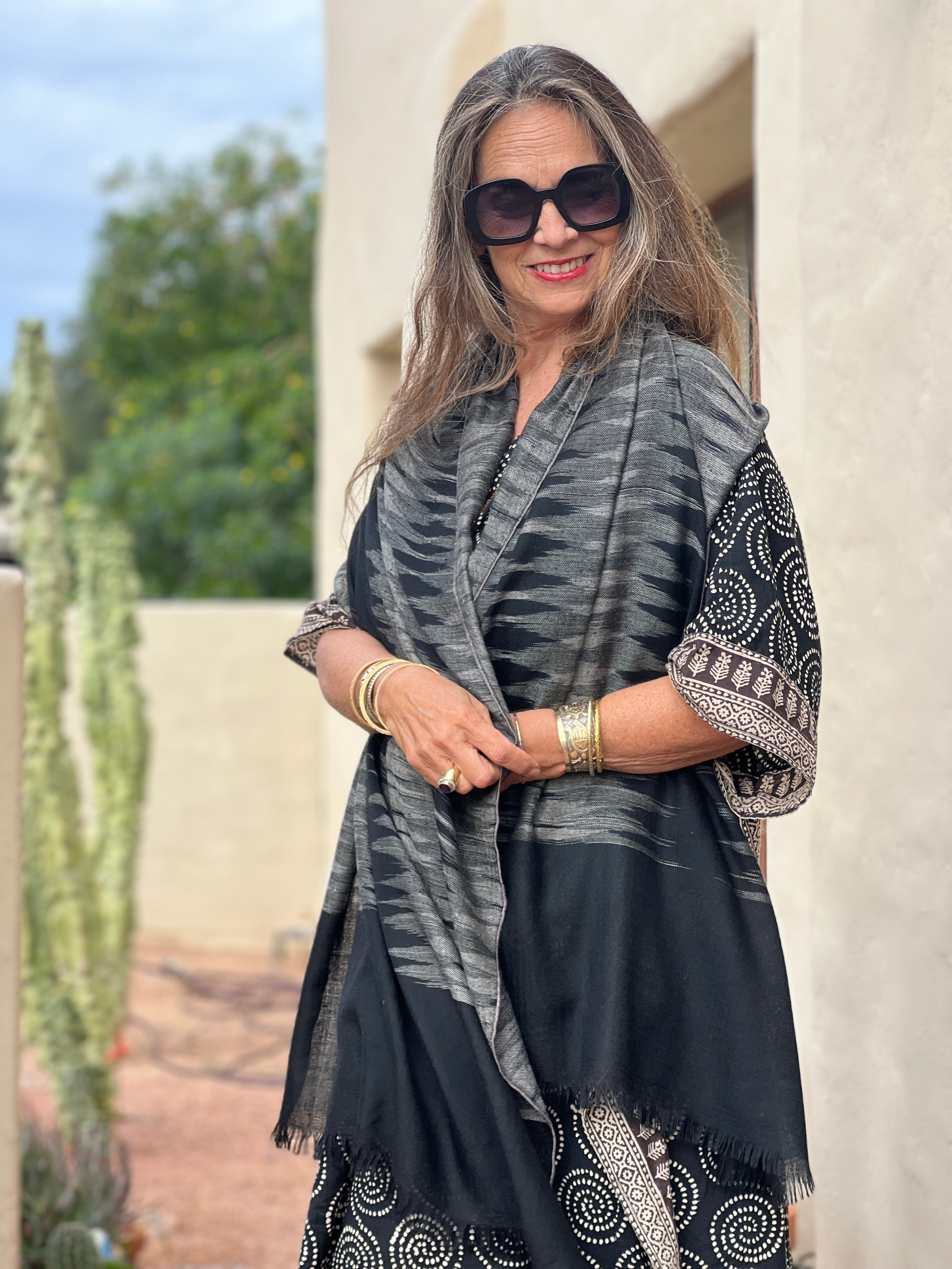 Black and Grey Ikat Pashmina Shawl One of a Kind