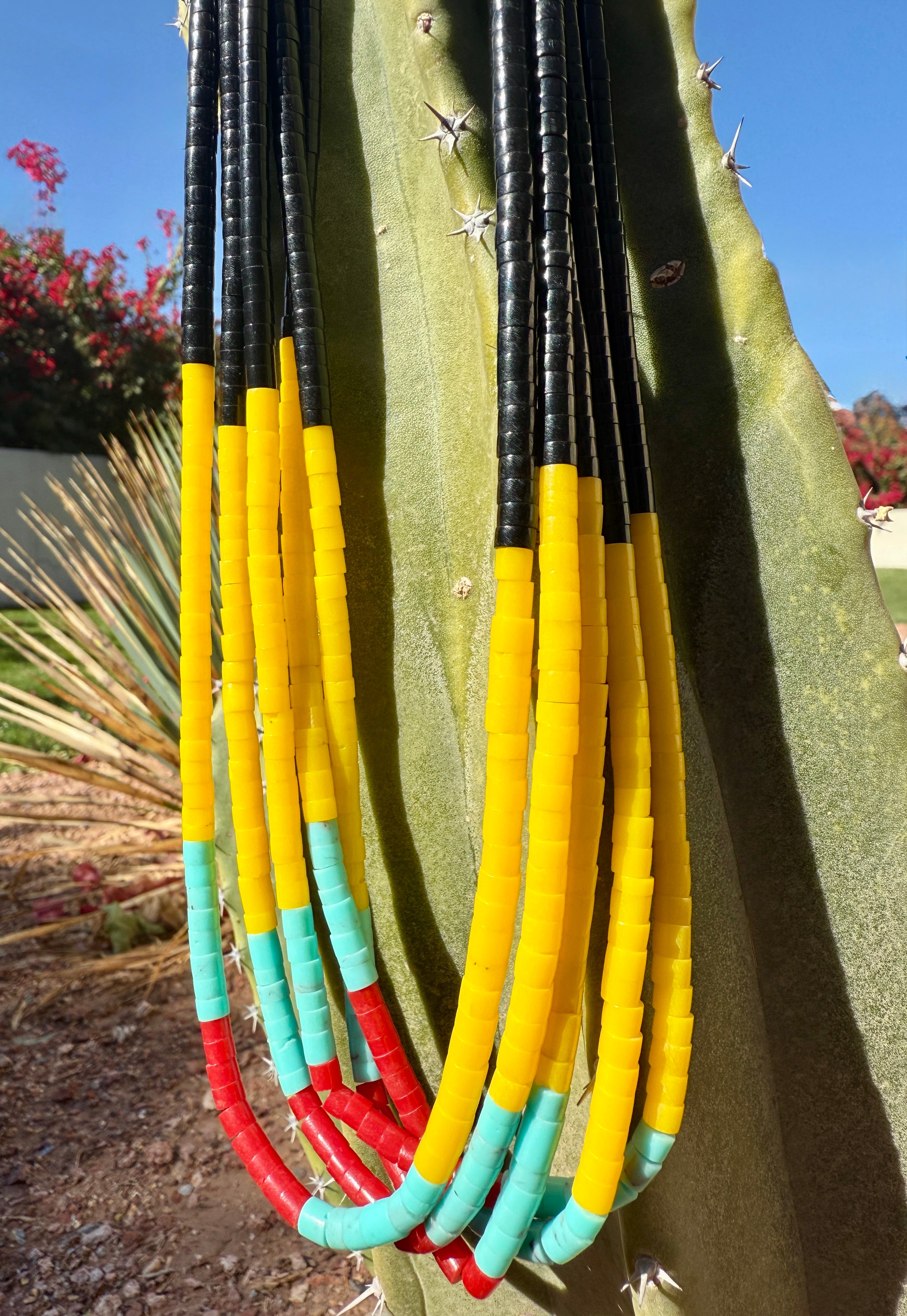 Black Jet, Yellow Serpentine, Turquoise and Coral Necklace