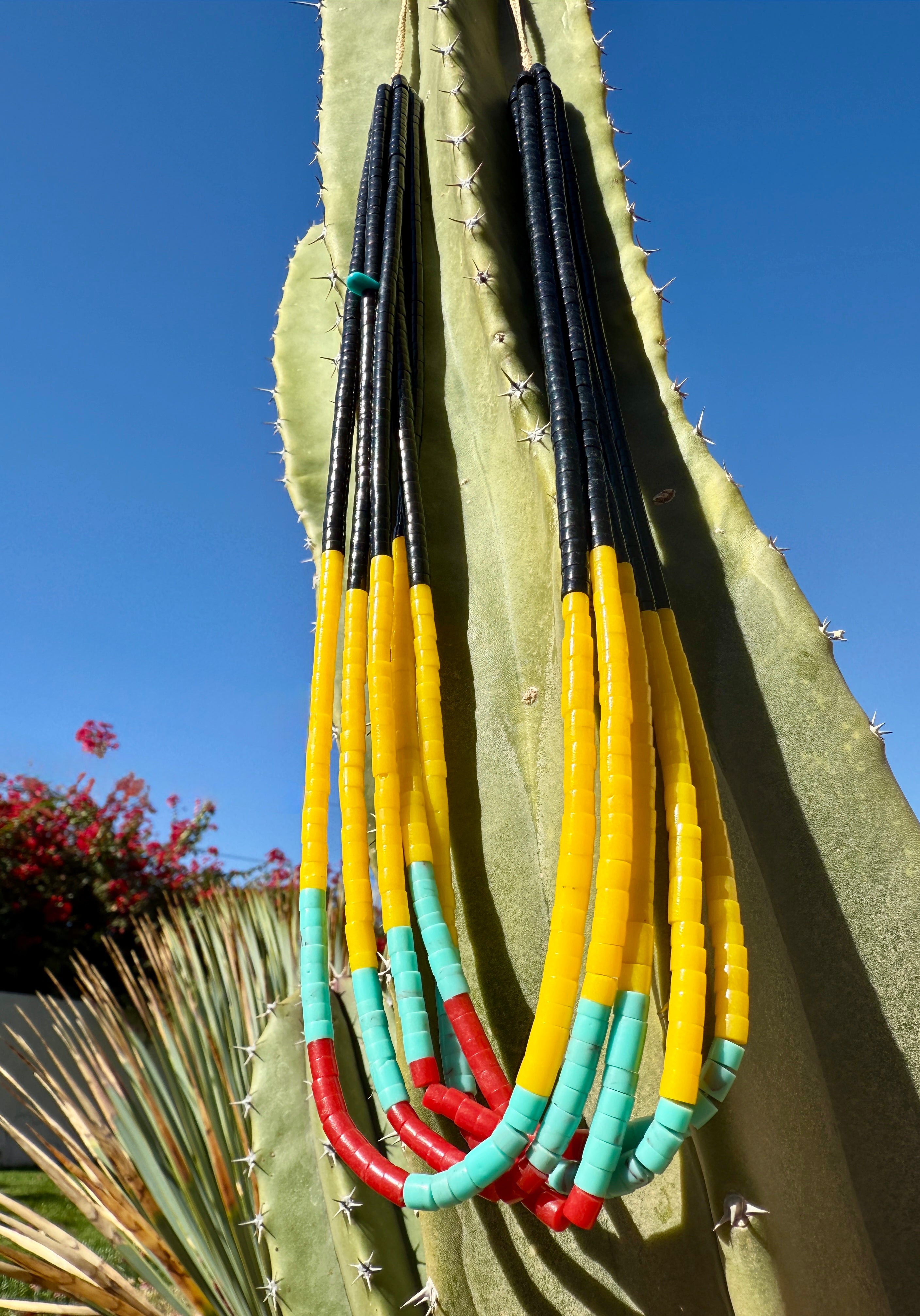 Black Jet, Yellow Serpentine, Turquoise and Coral Necklace