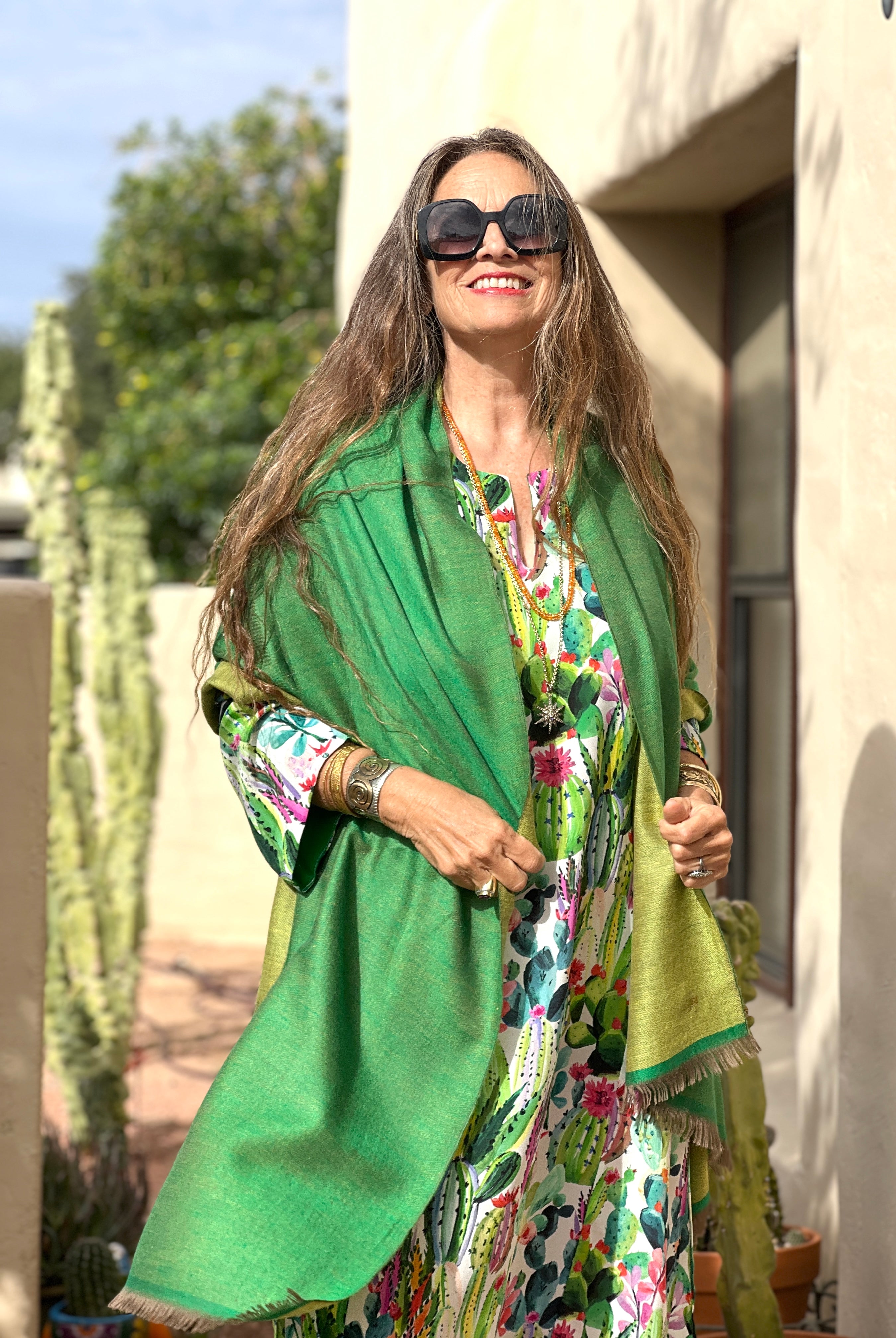 Lime Green Pashmina Shawl Reversible One of a Kind