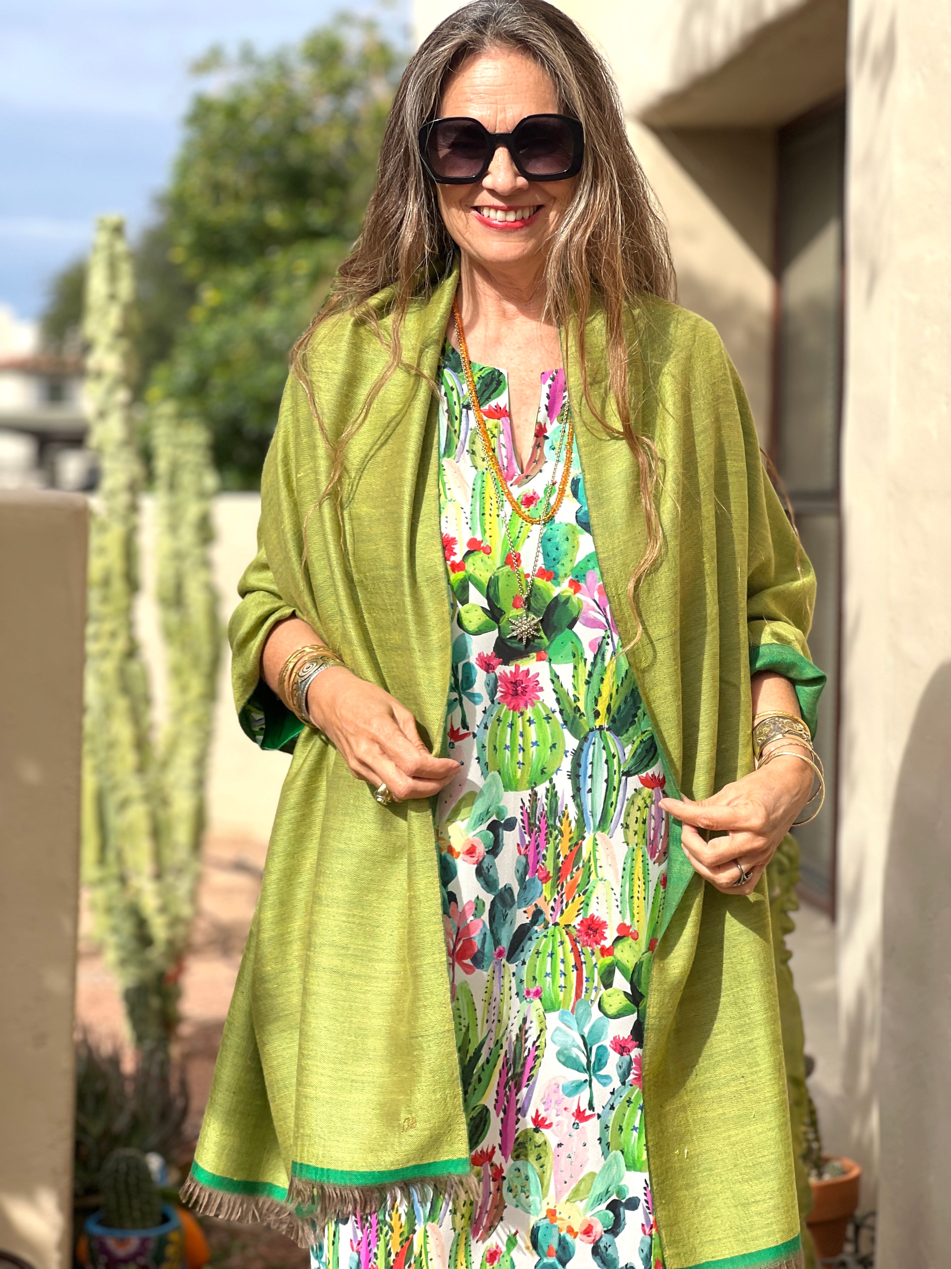 Lime Green Pashmina Shawl Reversible One of a Kind