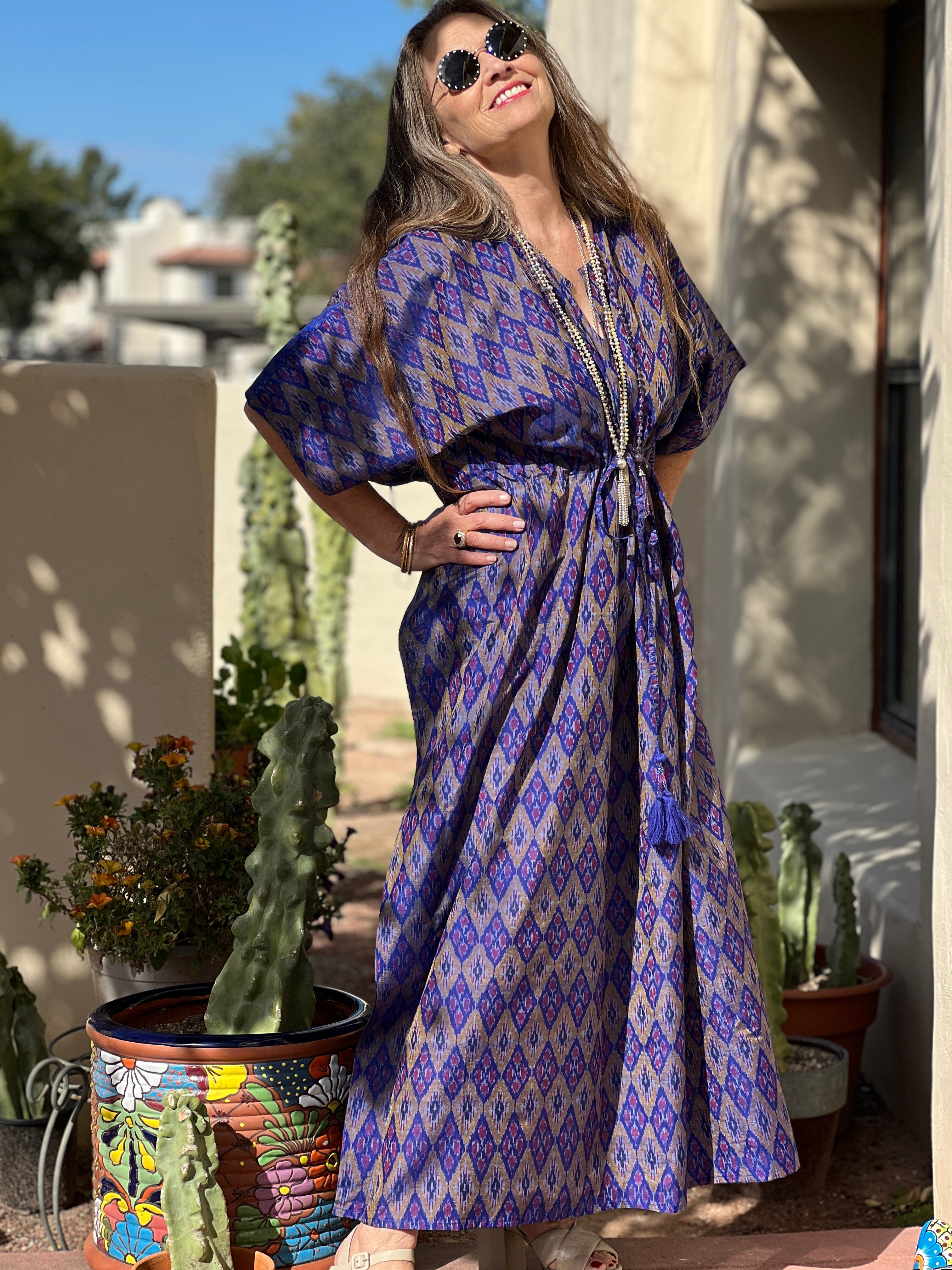 Royal Purple Silk Cotton Ikat Maxi Kaftan Dress One of a Kind