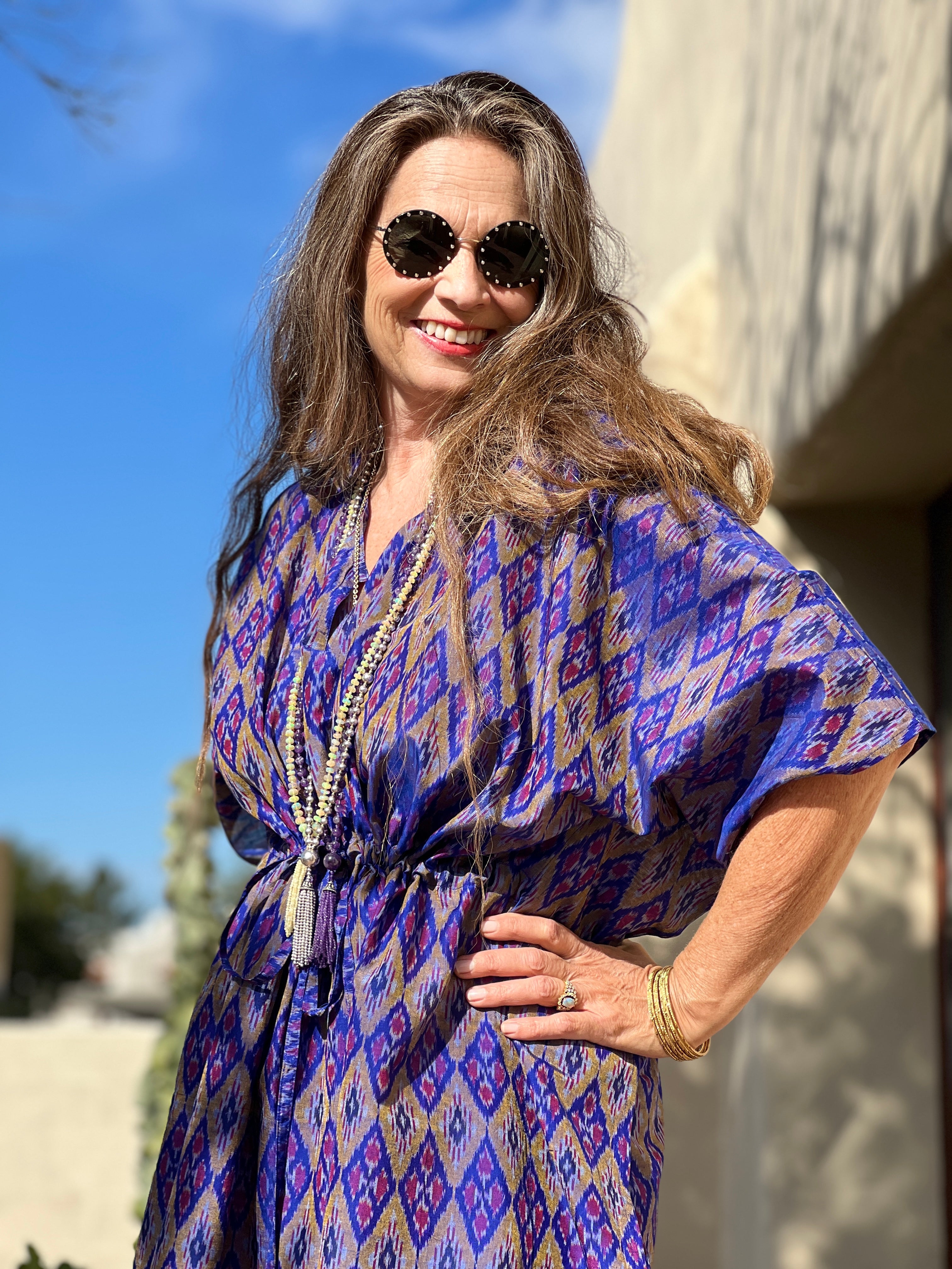 Royal Purple Silk Cotton Ikat Maxi Kaftan Dress One of a Kind