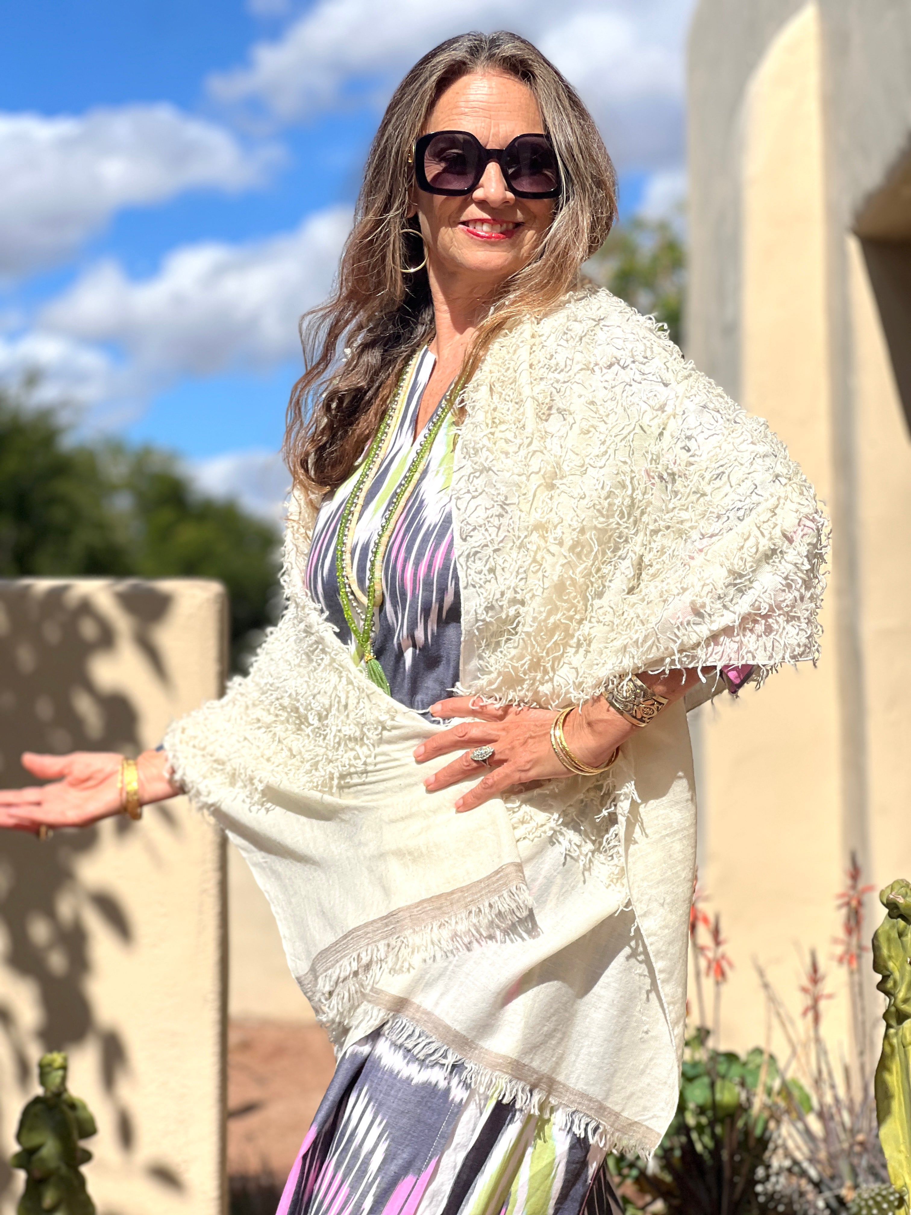 Ecru Feathered Pashmina Shawl Hand Woven One of a Kind