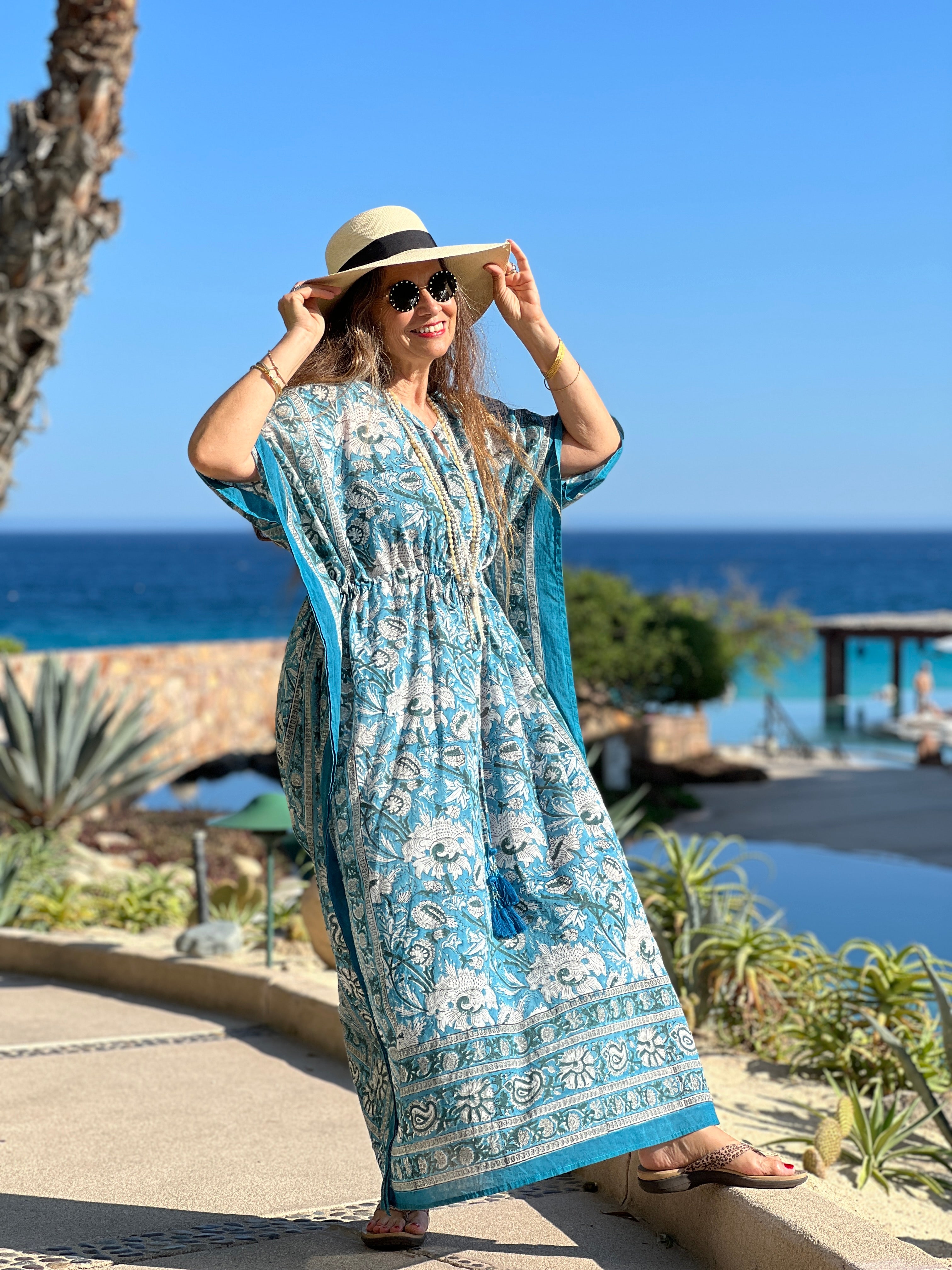 Aegean Blue Floral Maxi Kaftan Dress