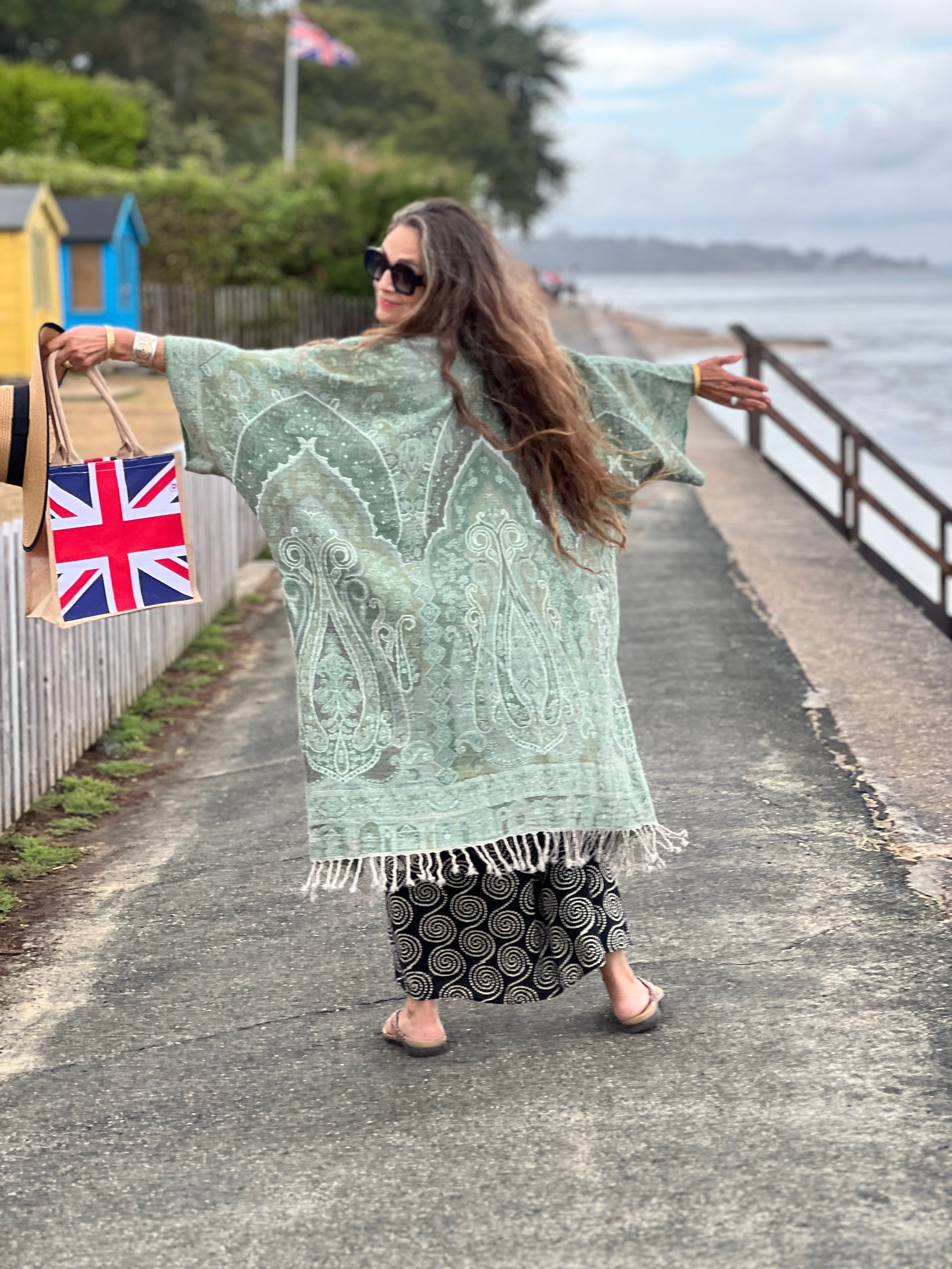 Hara Green Paisley Boiled Wool Kimono Coat