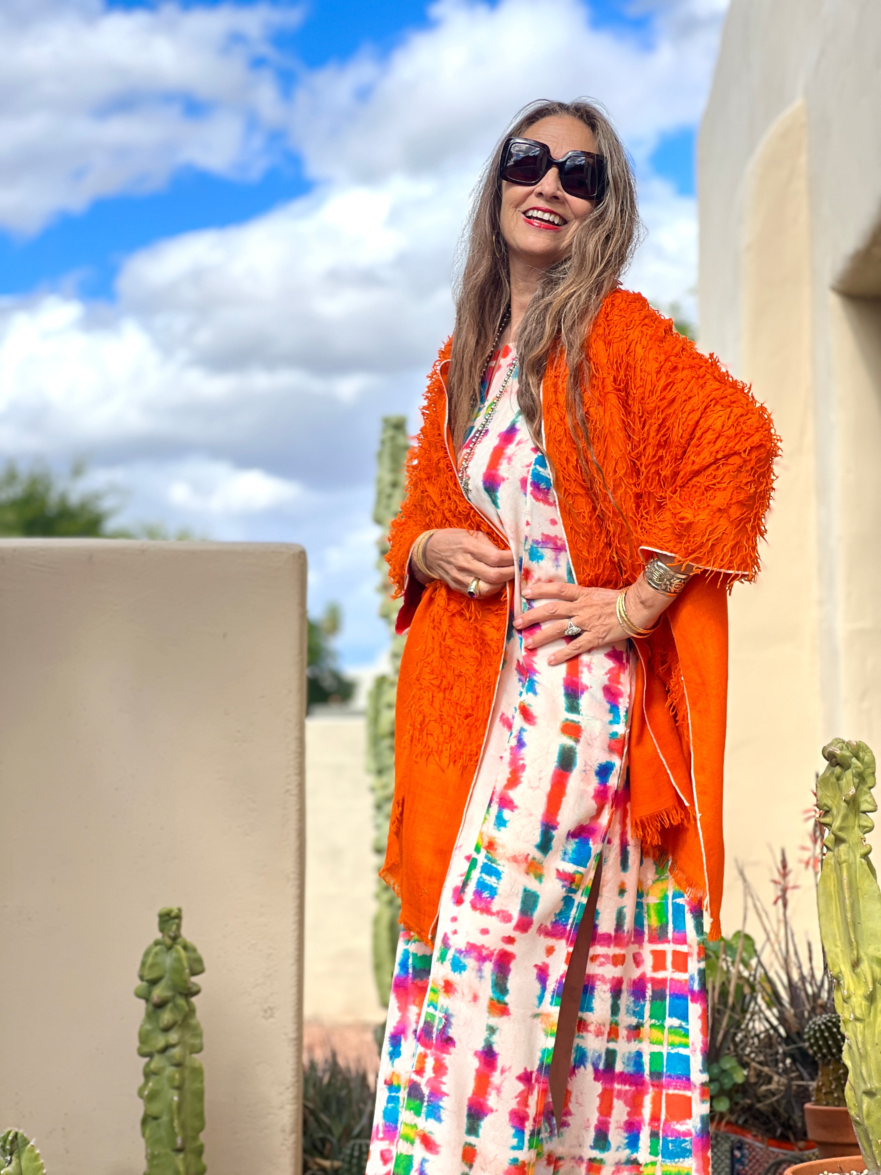 Tangerine Orange Feathered Pashmina Shawl Hand Woven One of a Kind