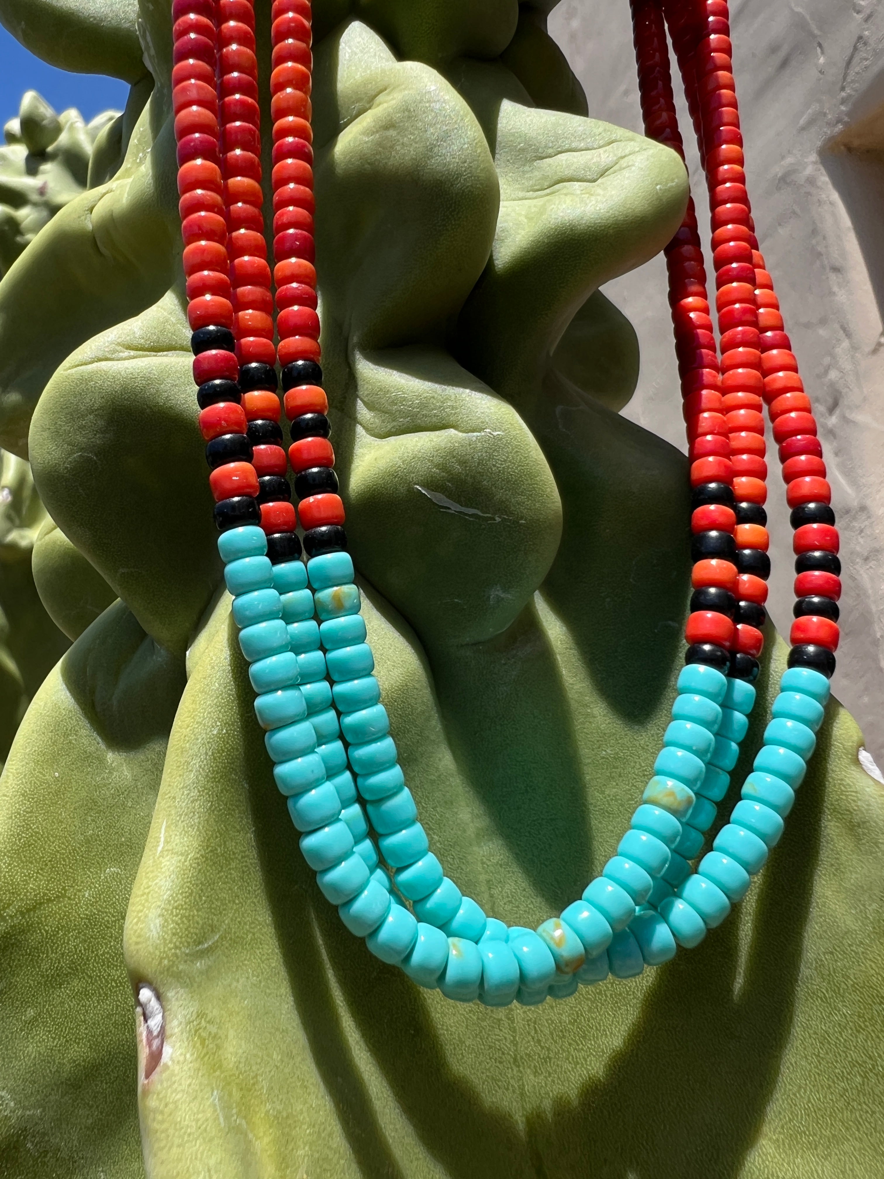 Apple Coral, Turquoise, and Black Jet Santo Domingo Necklace