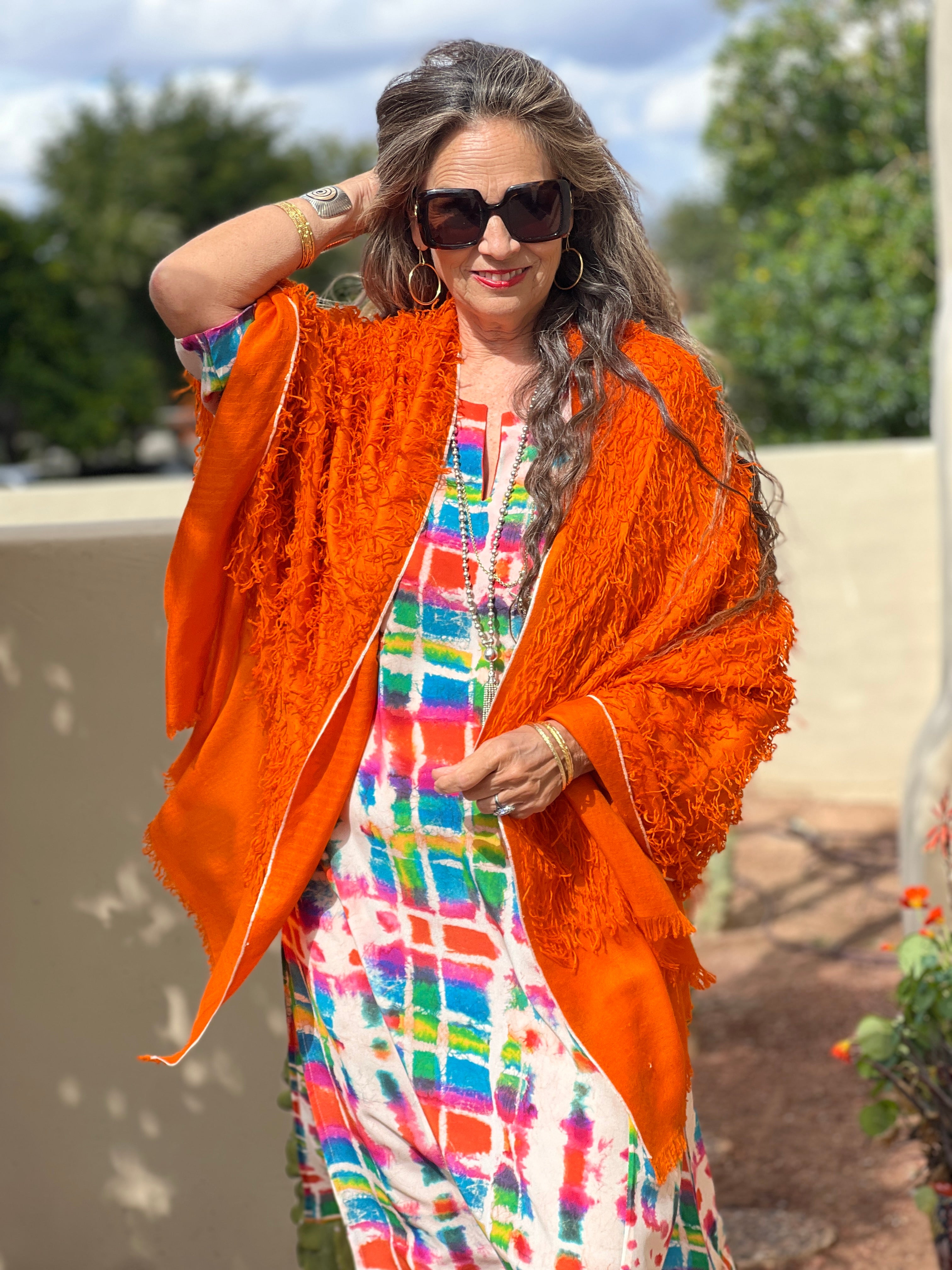 Tangerine Orange Feathered Pashmina Shawl Hand Woven One of a Kind