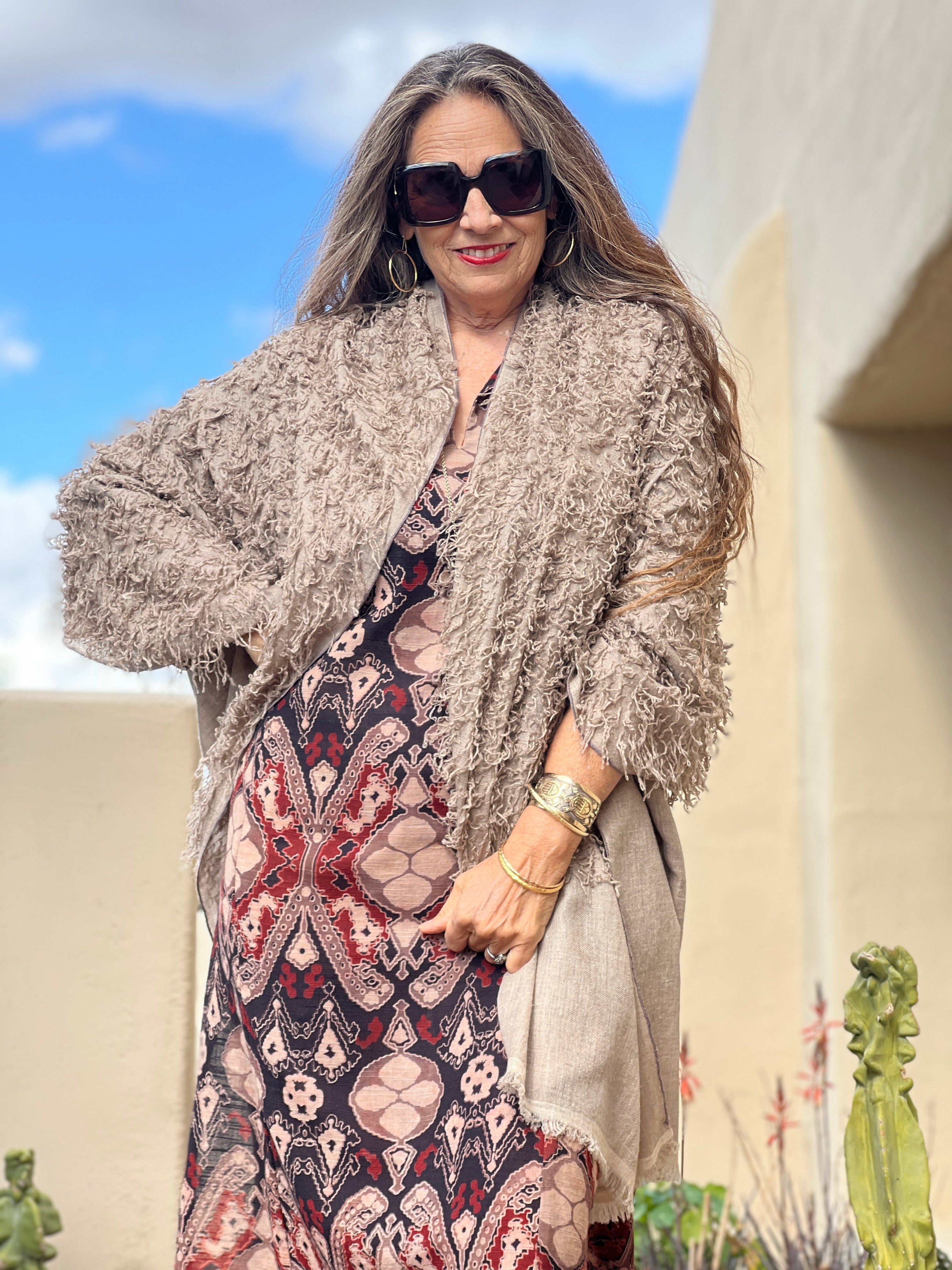 Taupe Feathered Pashmina Shawl Hand Woven One of a Kind