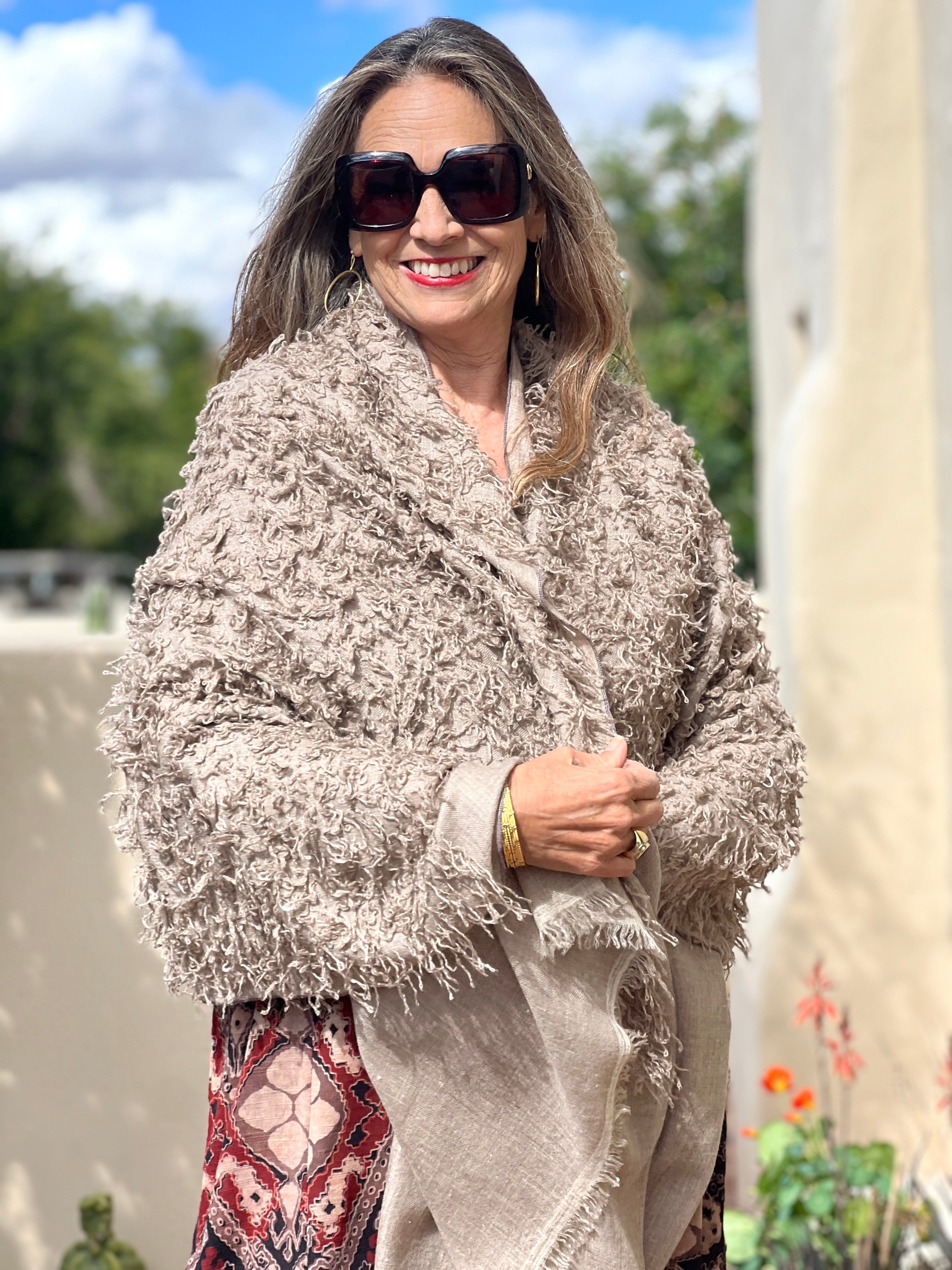 Taupe Feathered Pashmina Shawl Hand Woven One of a Kind