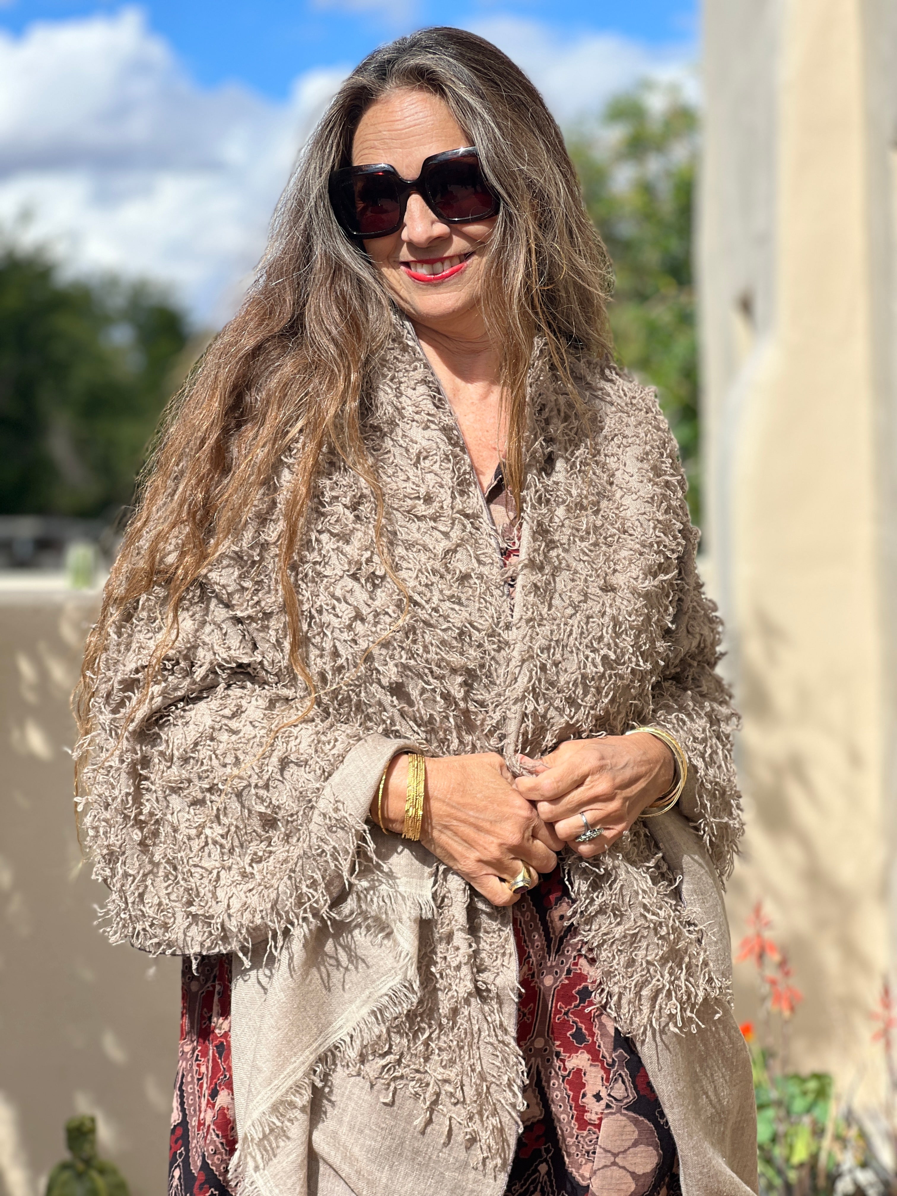 Taupe Feathered Pashmina Shawl Hand Woven One of a Kind