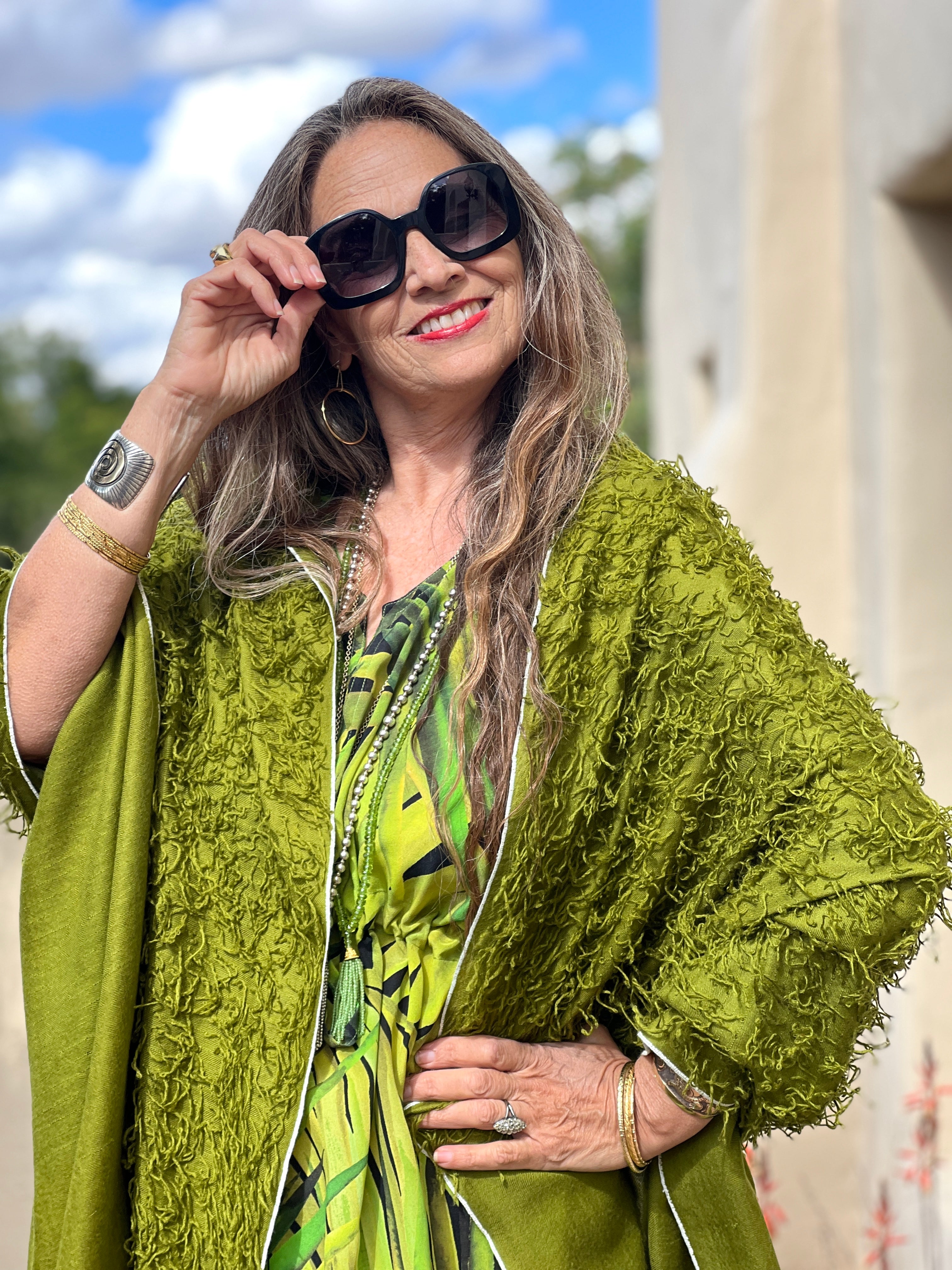 Olive Green Feathered Pashmina Shawl Hand Woven One of a Kind
