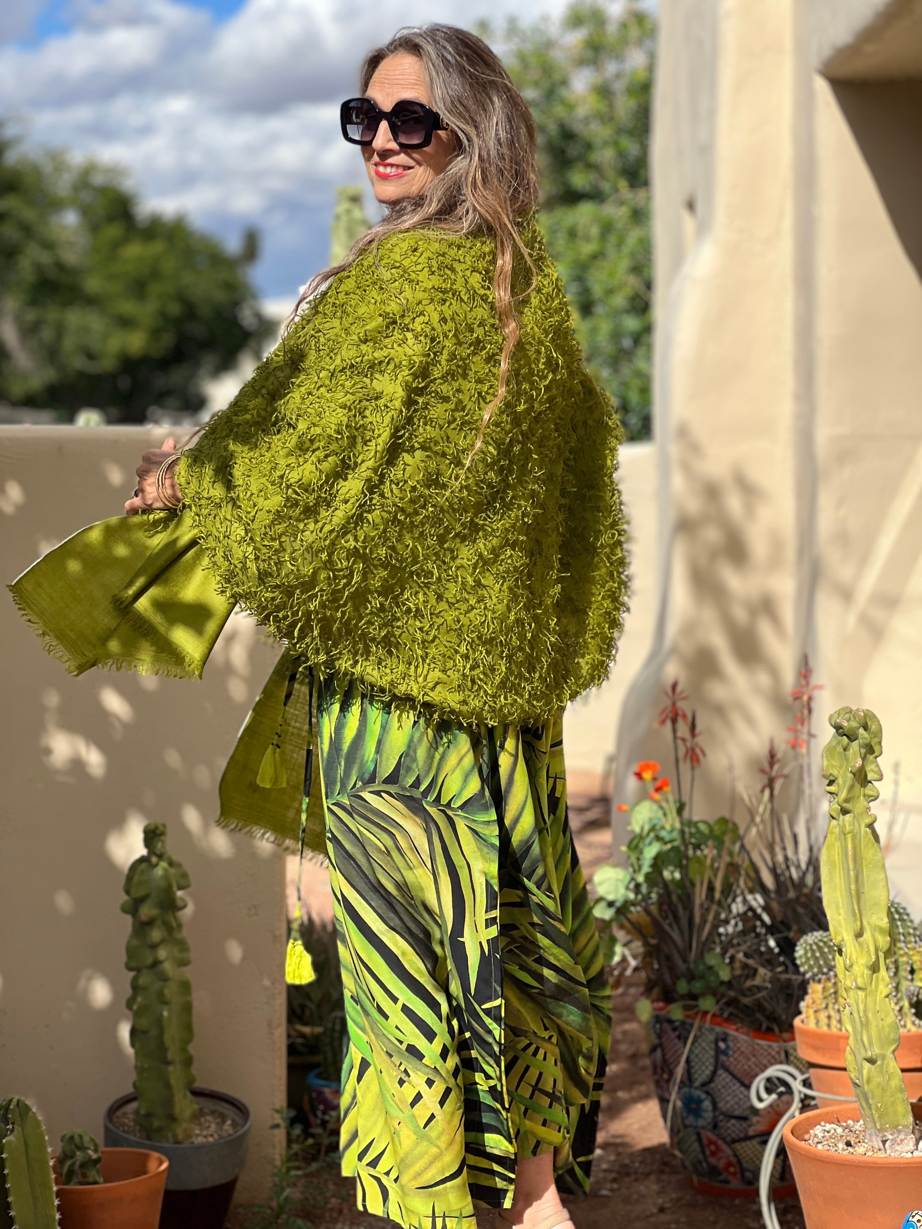 Olive Green Feathered Pashmina Shawl Hand Woven One of a Kind