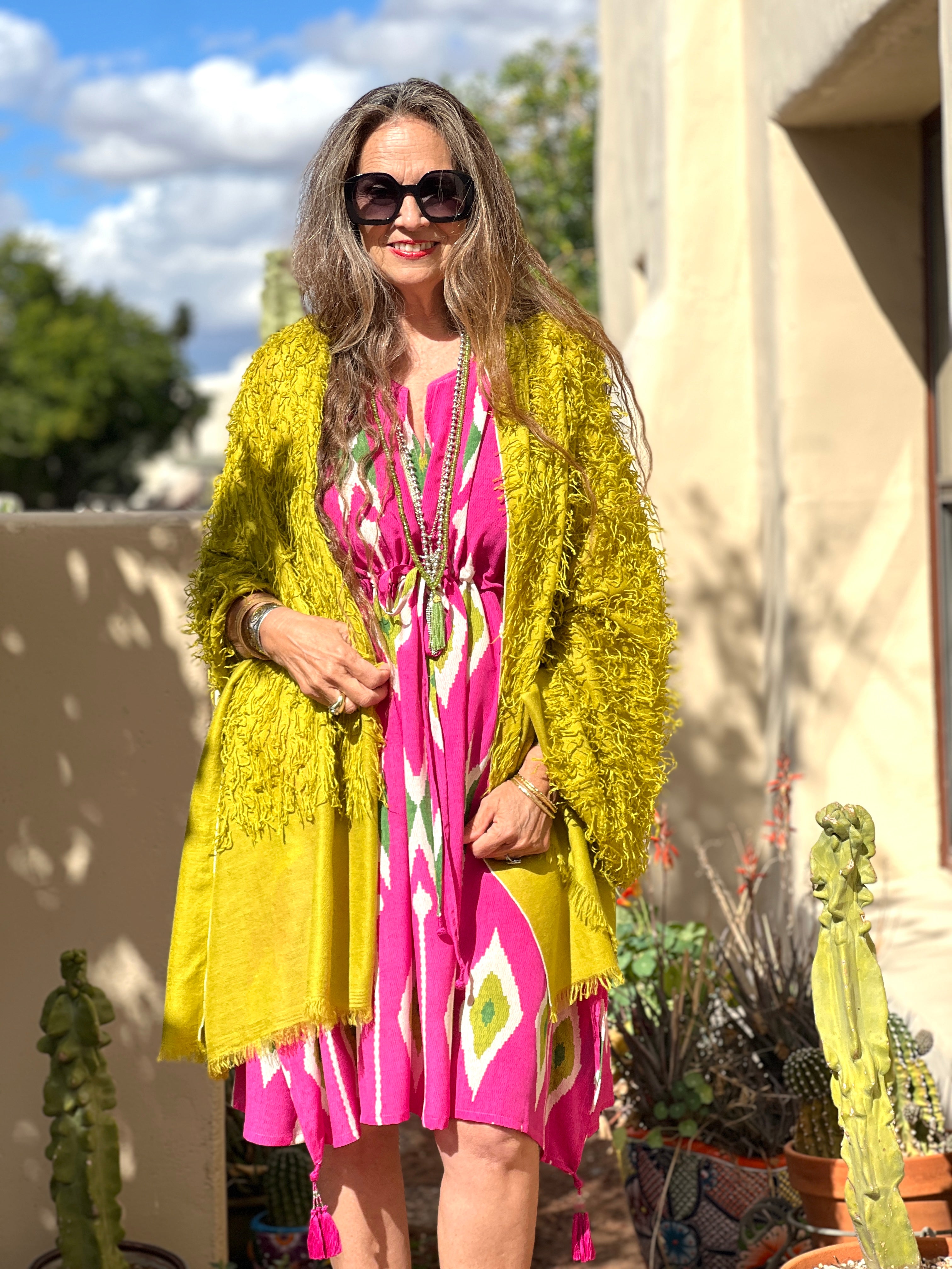 Chartreuse Feathered Pashmina Shawl Hand Woven One of a Kind