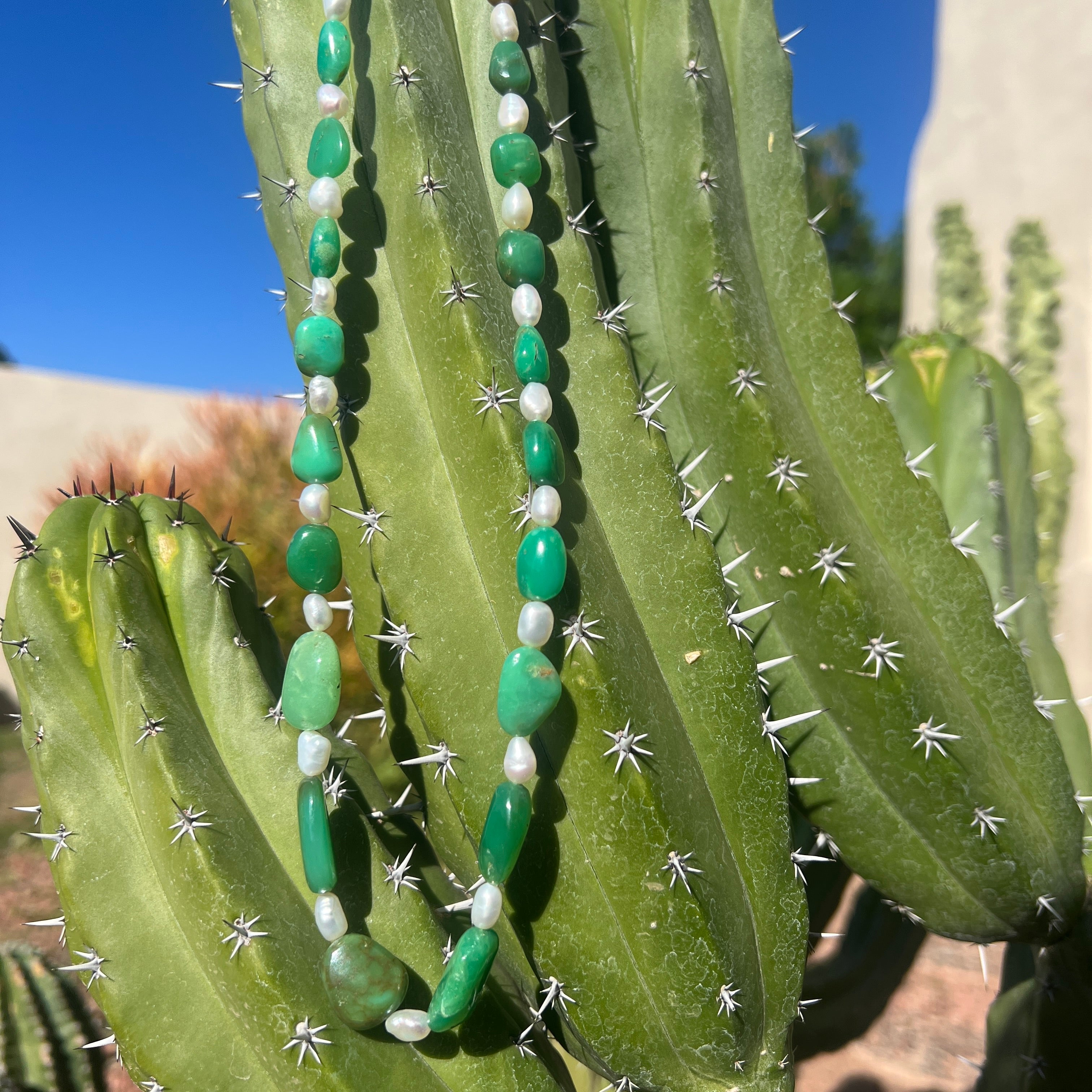 Rare Chrysoprase Nugget and Pearl Necklace