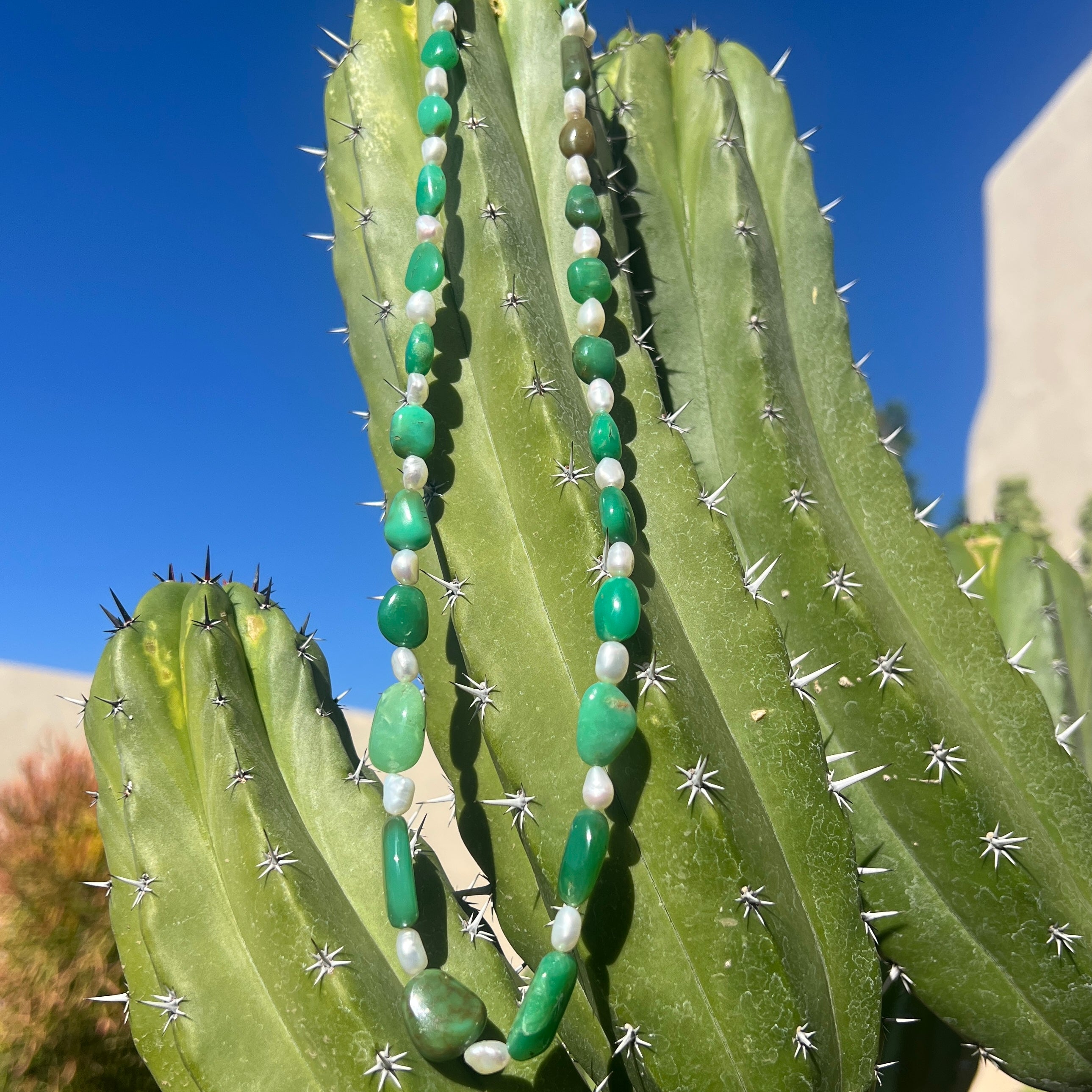 Rare Chrysoprase Nugget and Pearl Necklace