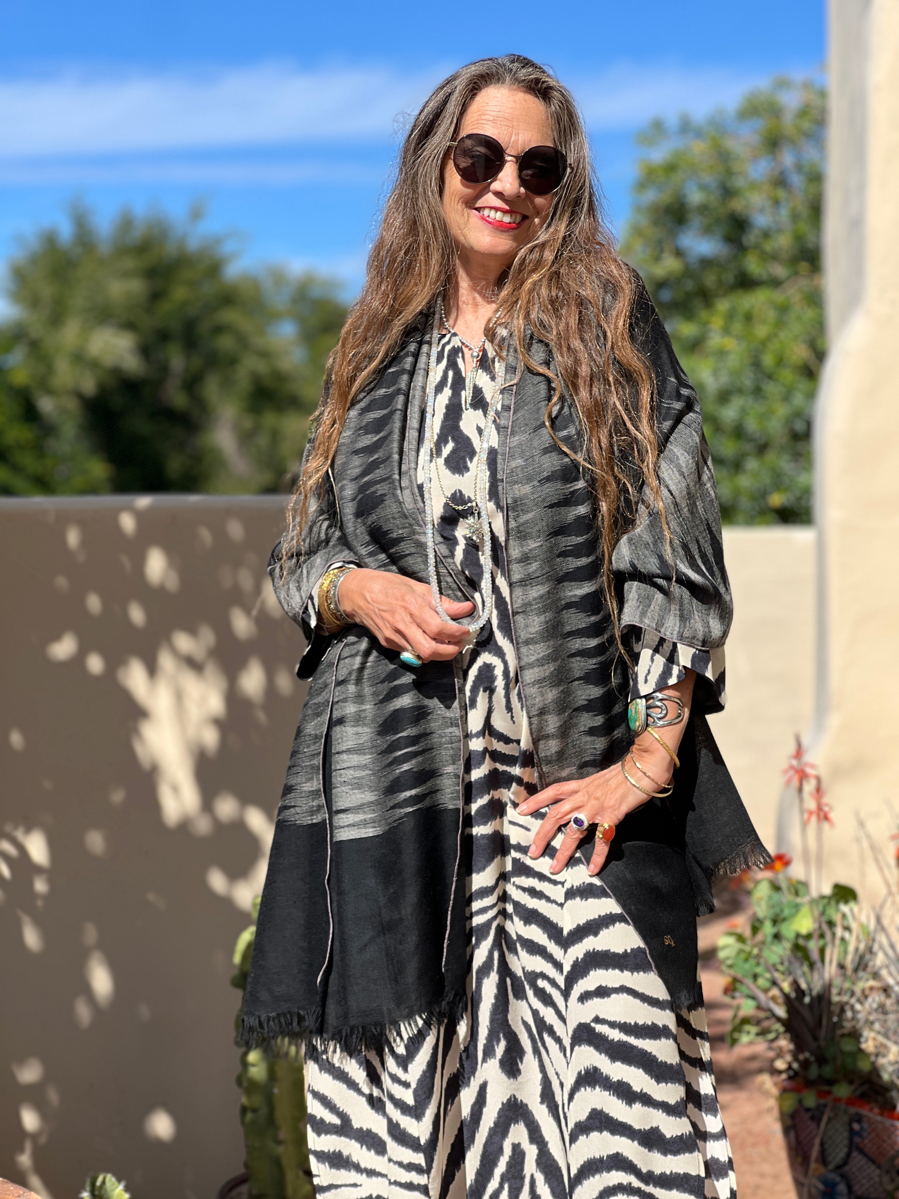 Black and Grey Ikat Pashmina Shawl One of a Kind