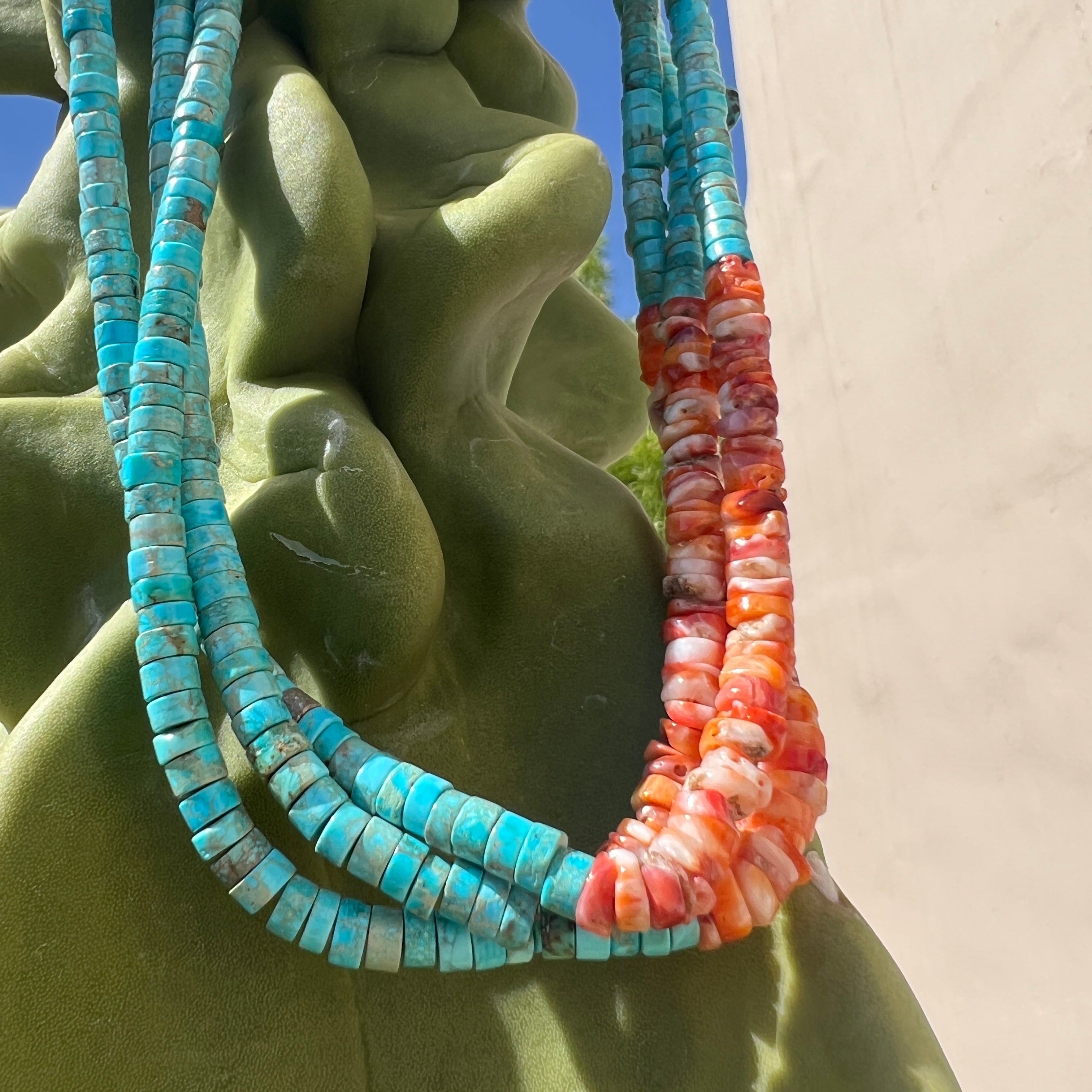 Turquoise, Orange Spiny Oyster, and Heishi Santo Domingo Necklace