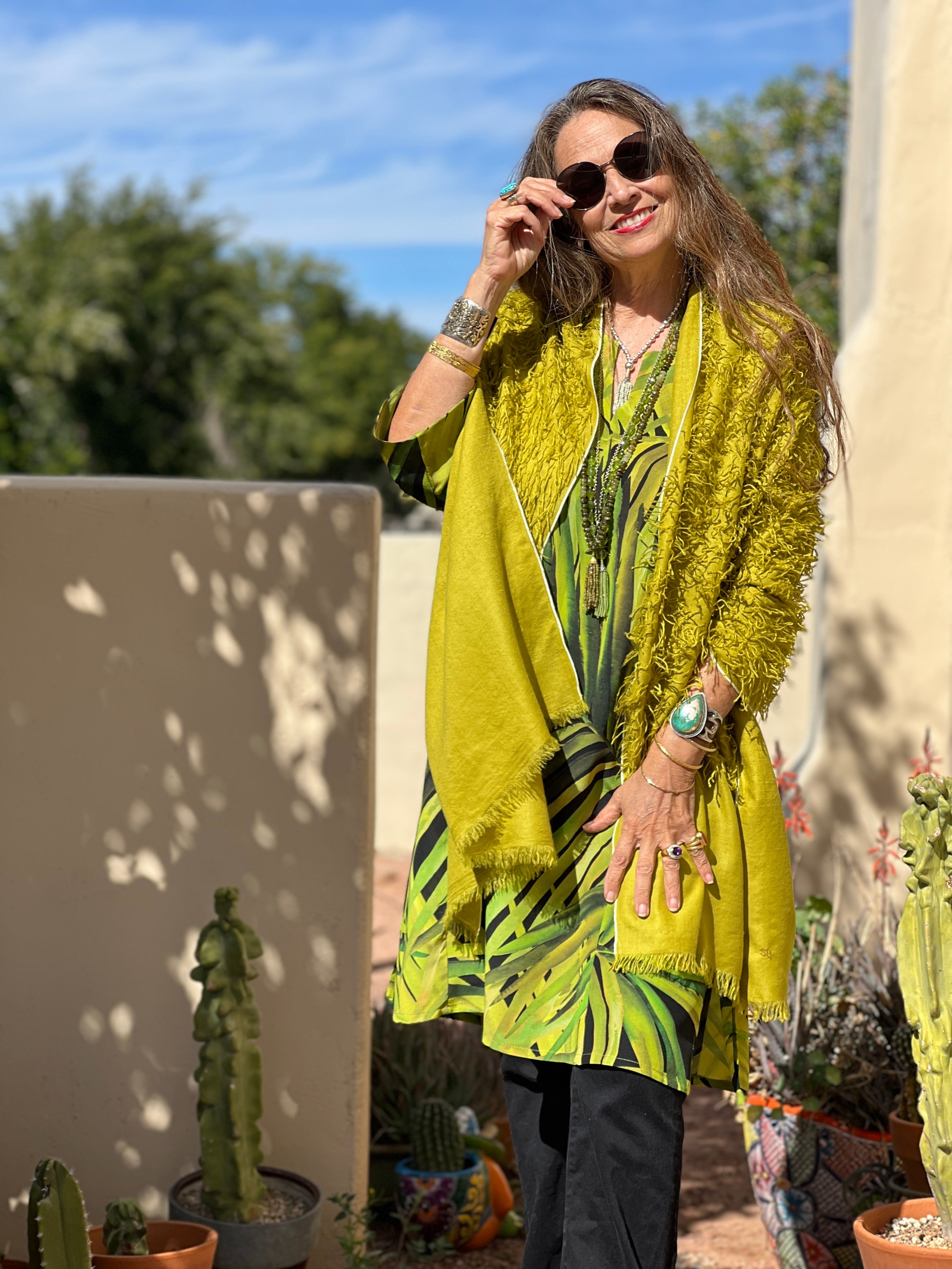 Chartreuse Feathered Pashmina Shawl Hand Woven One of a Kind