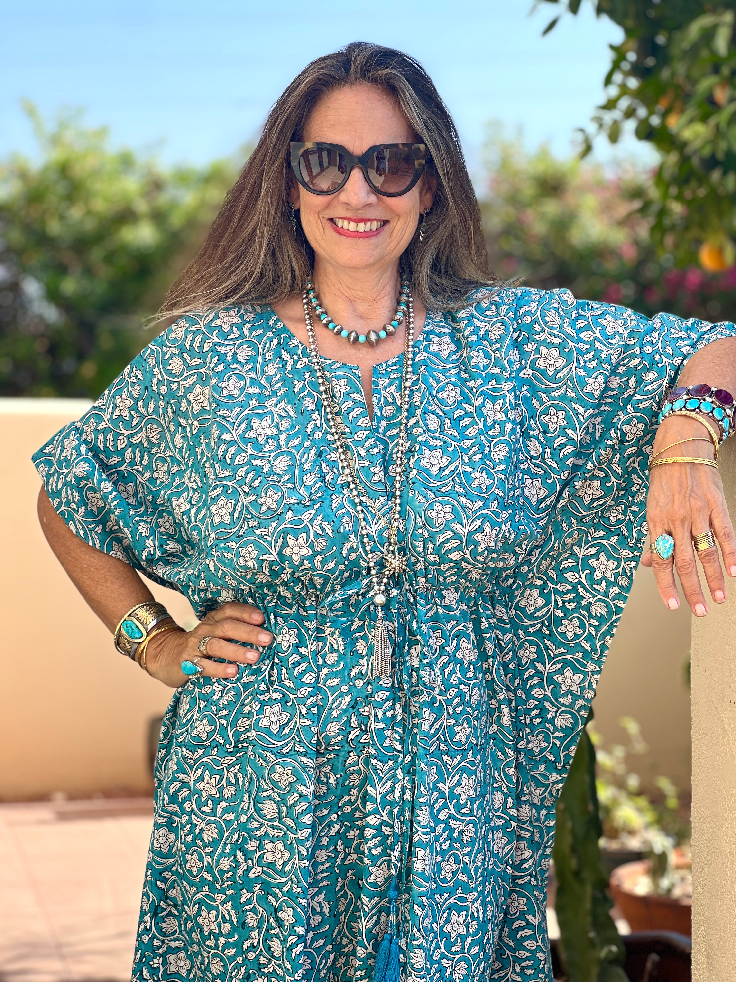 Turquoise Floral Maxi Kaftan Dress