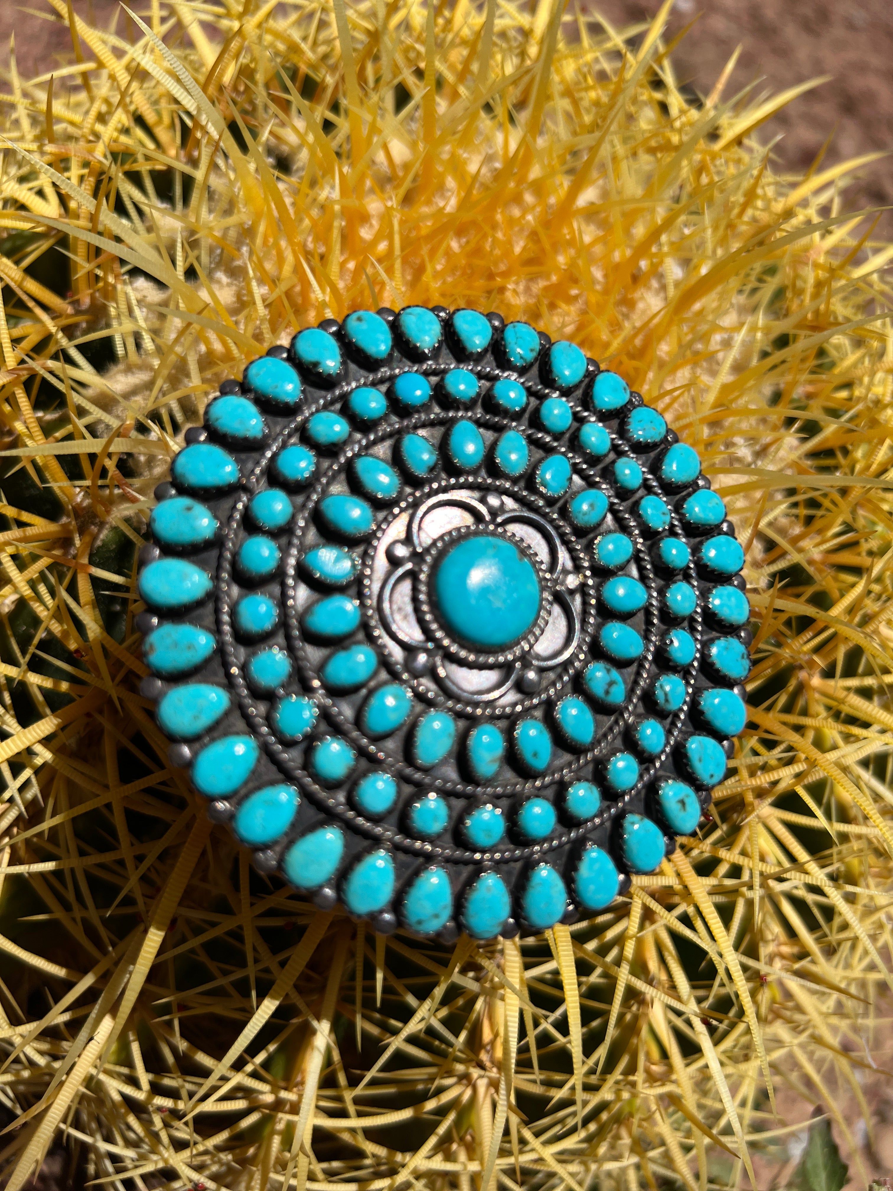 Vintage Large Navajo Turquoise Cluster Sterling Silver 3" Pendant Necklace