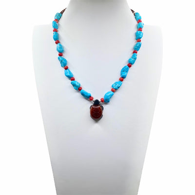 Turquoise, Coral, Heishi Shell, and Jasper Turtle Necklace