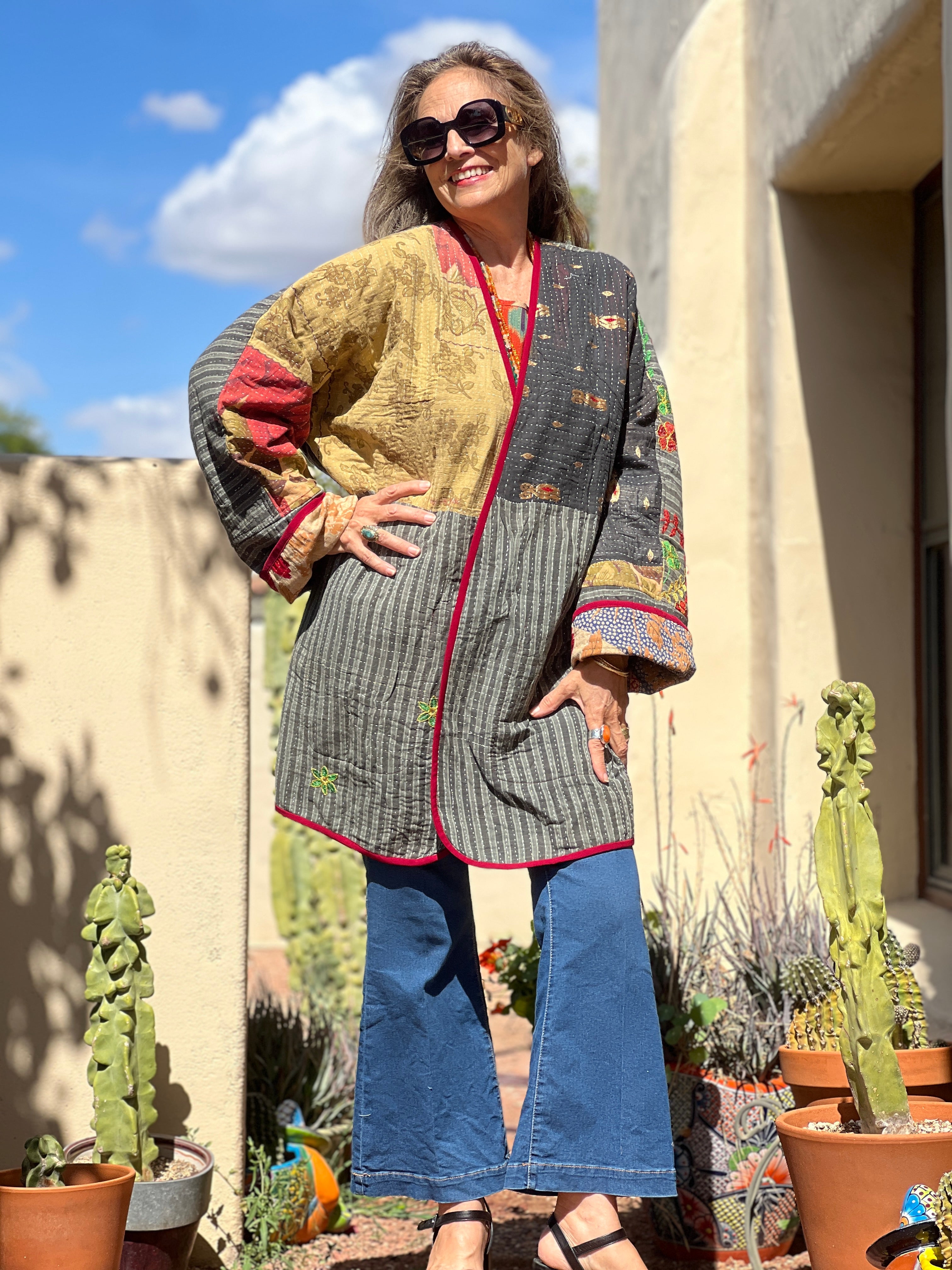Bengal Boho Floral Kantha Coat One of a Kind