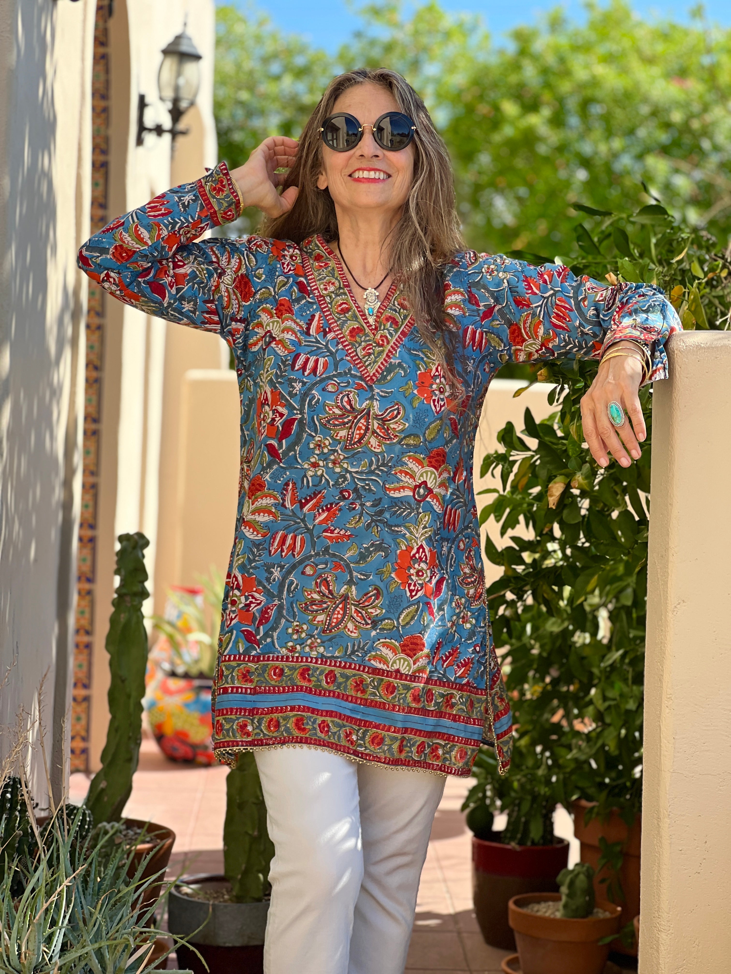Fleury Blue Floral Cotton Tunic