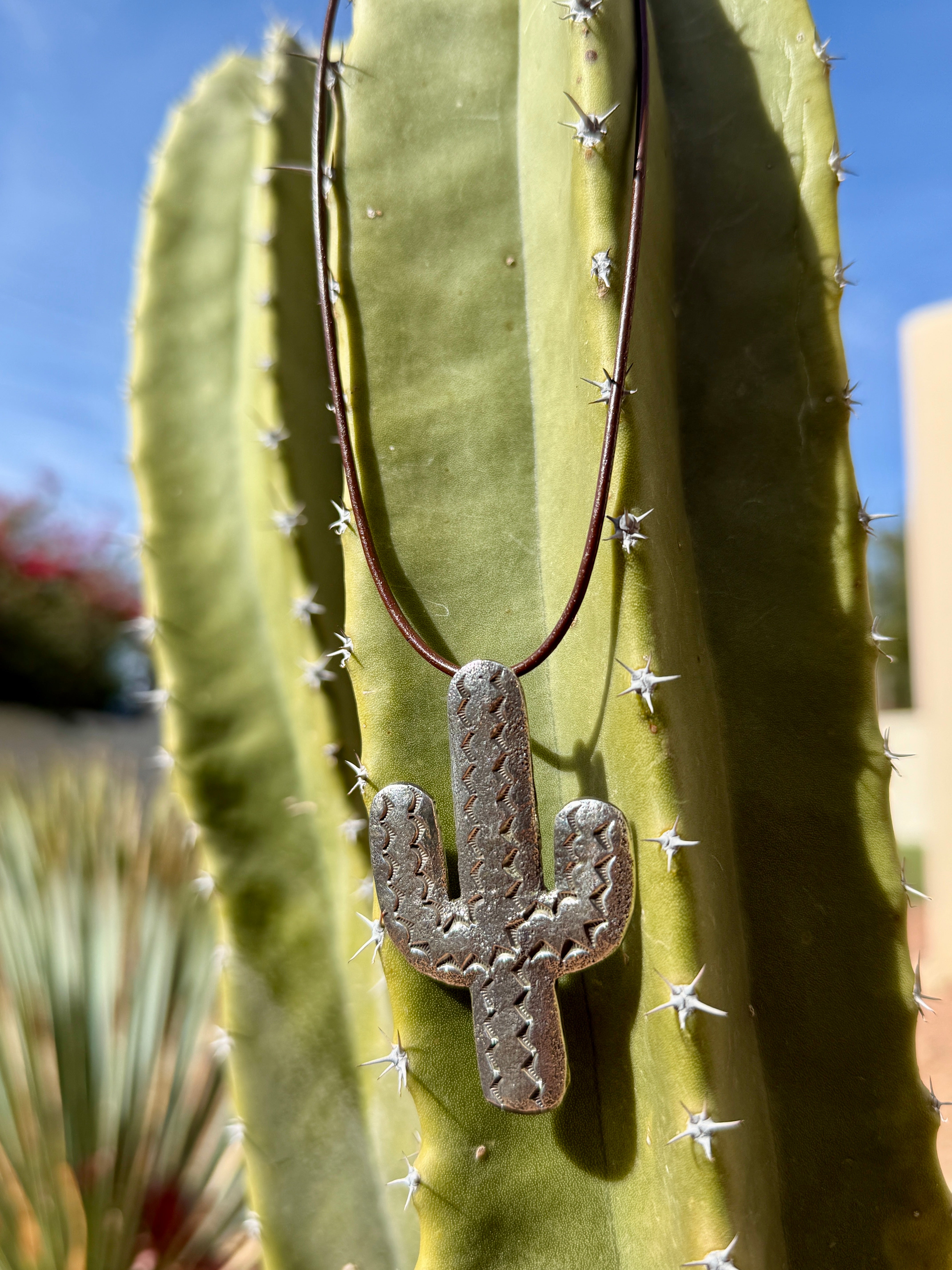 Navajo Silver Tufa Cast Saguaro Cactus Pendant