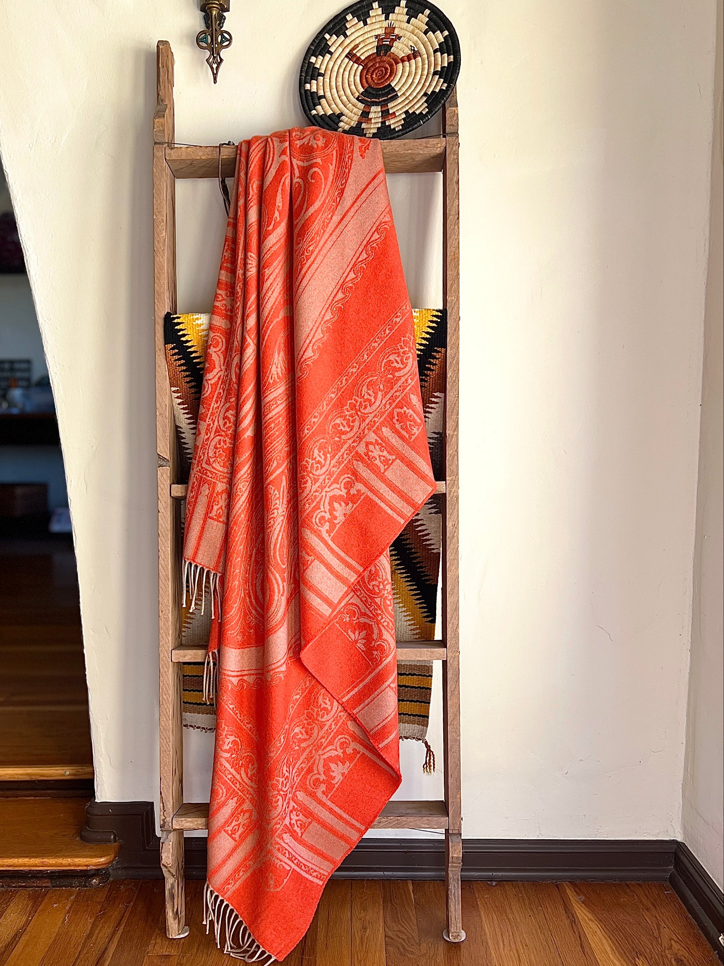Italian Paisley Cashmere Wool Orange Throw Blanket