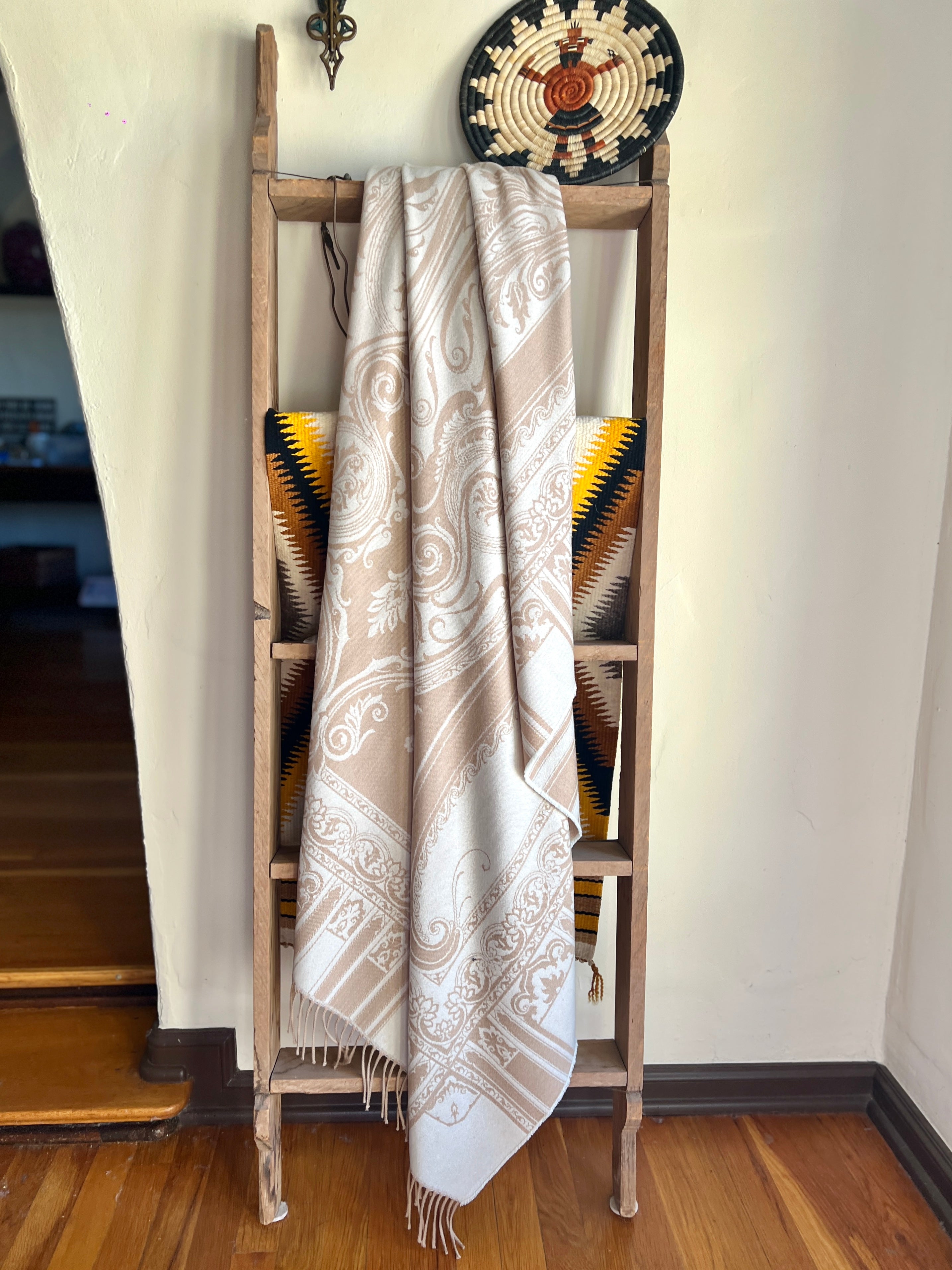 Italian Paisley Cashmere Wool Naturale Throw Blanket