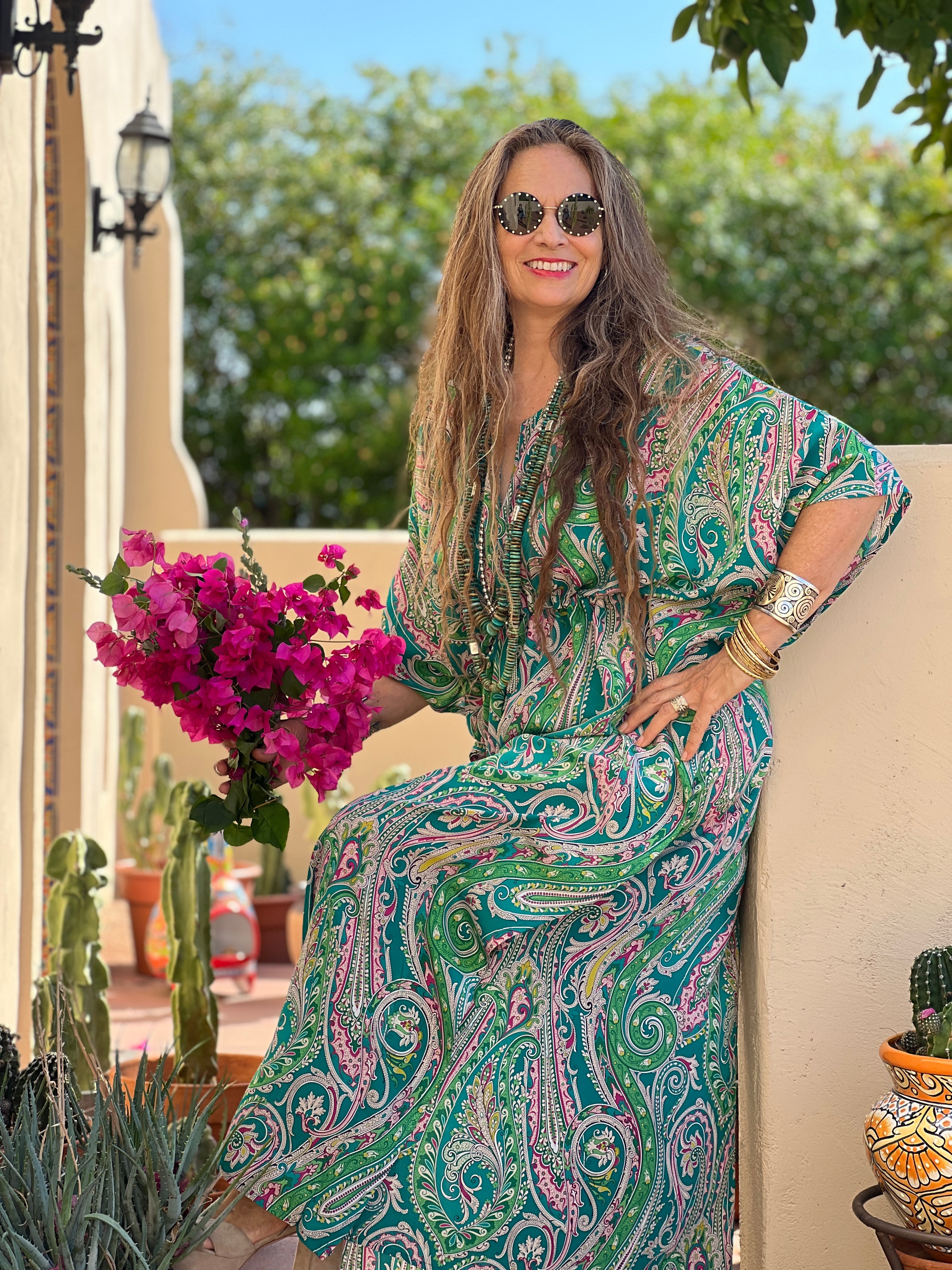 Teal Principessa Italian Silk Maxi Kaftan