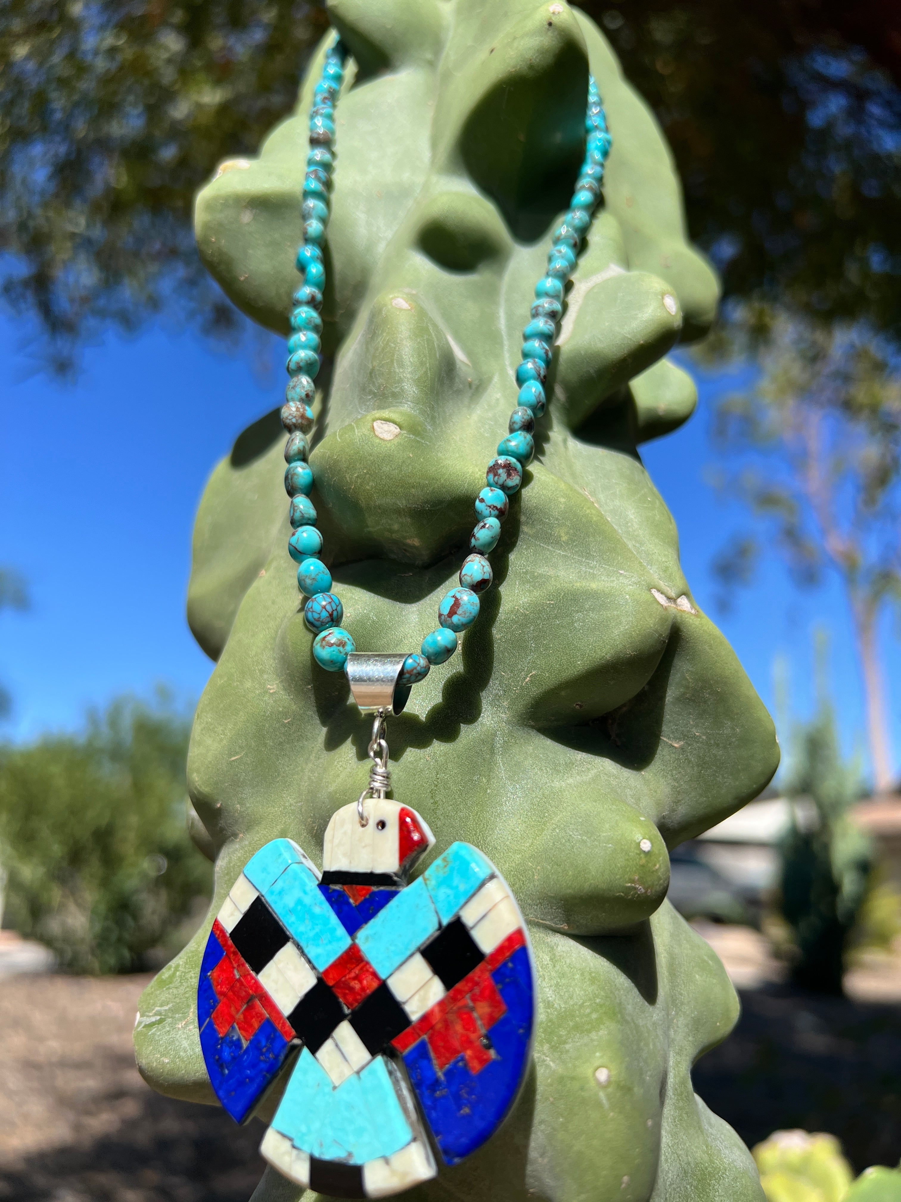 Bisbee Turquoise Necklace with Mosaic Inlay Thunderbird Santo Domingo