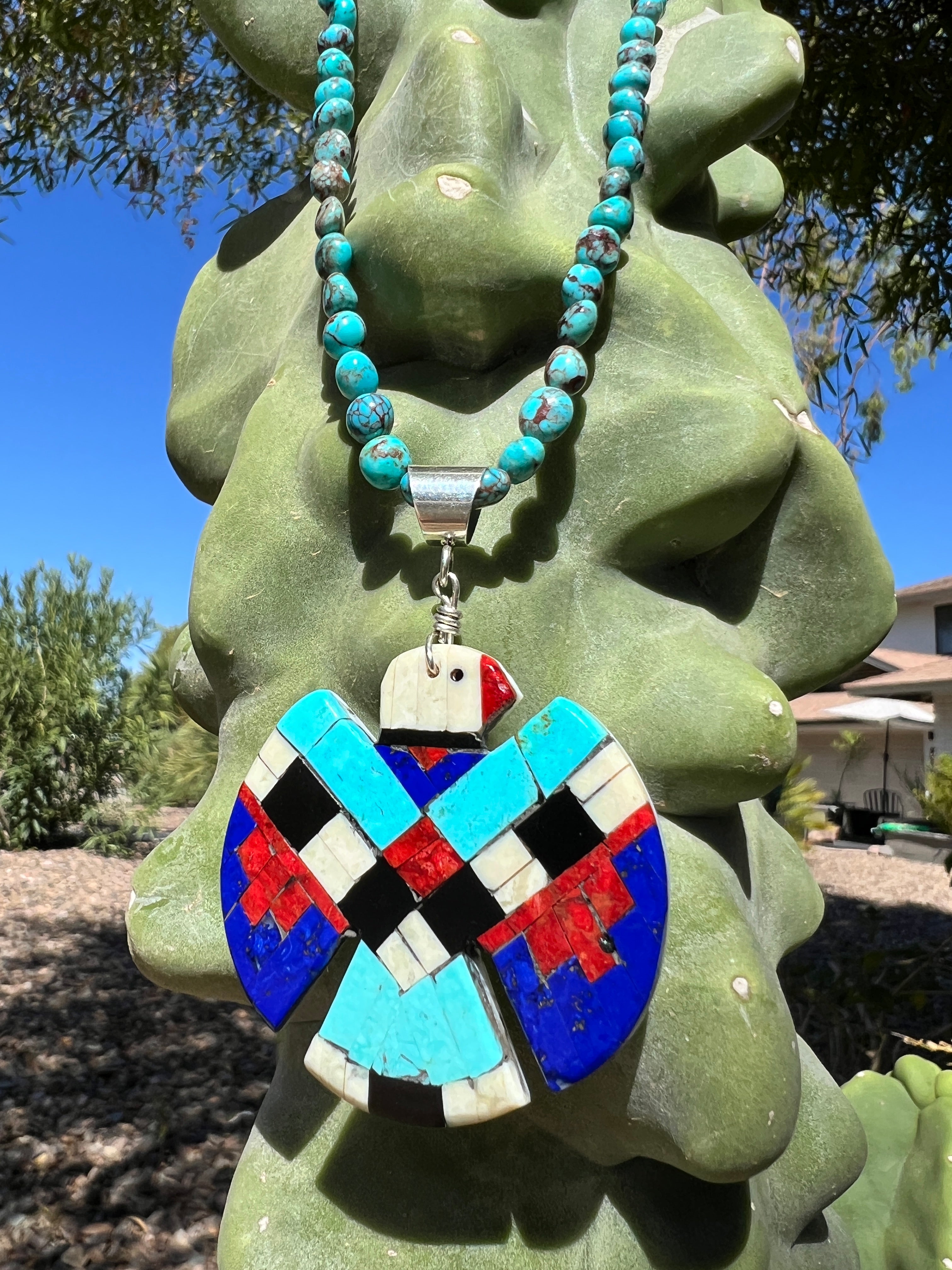 Bisbee Turquoise Necklace with Mosaic Inlay Thunderbird Santo Domingo