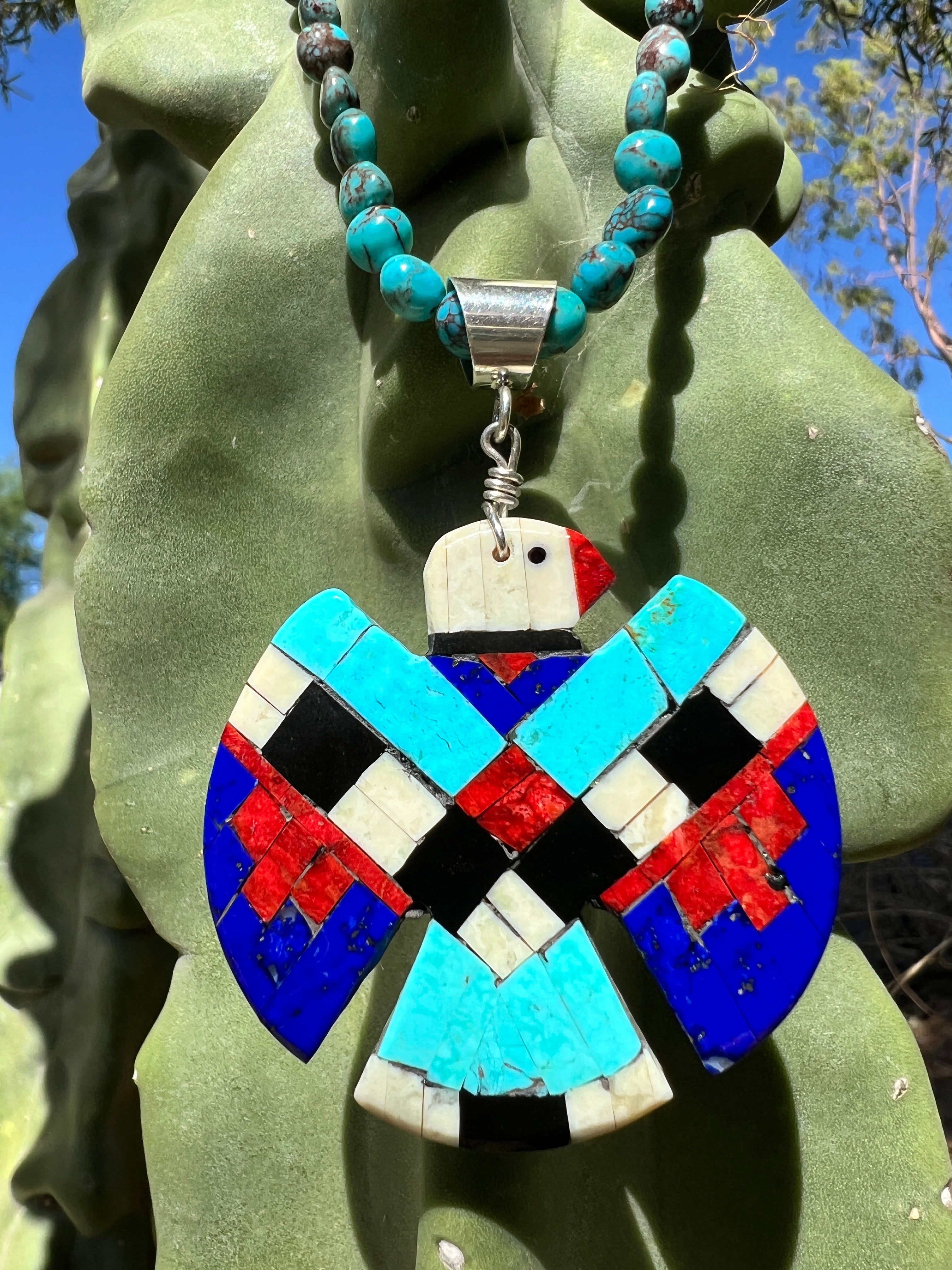 Bisbee Turquoise Necklace with Mosaic Inlay Thunderbird Santo Domingo