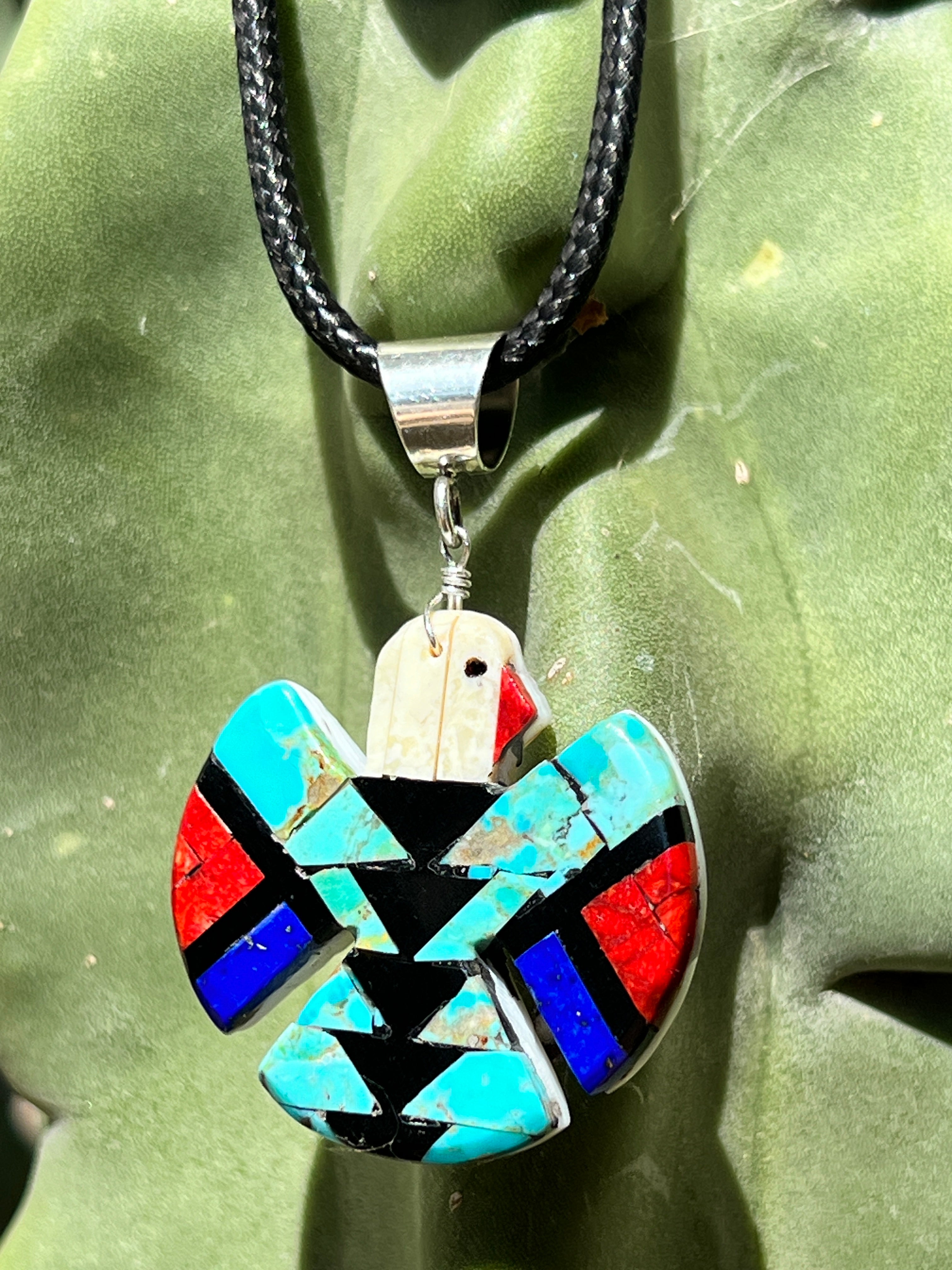 Mosaic Inlay Turquoise Thunderbird Pendant Necklace