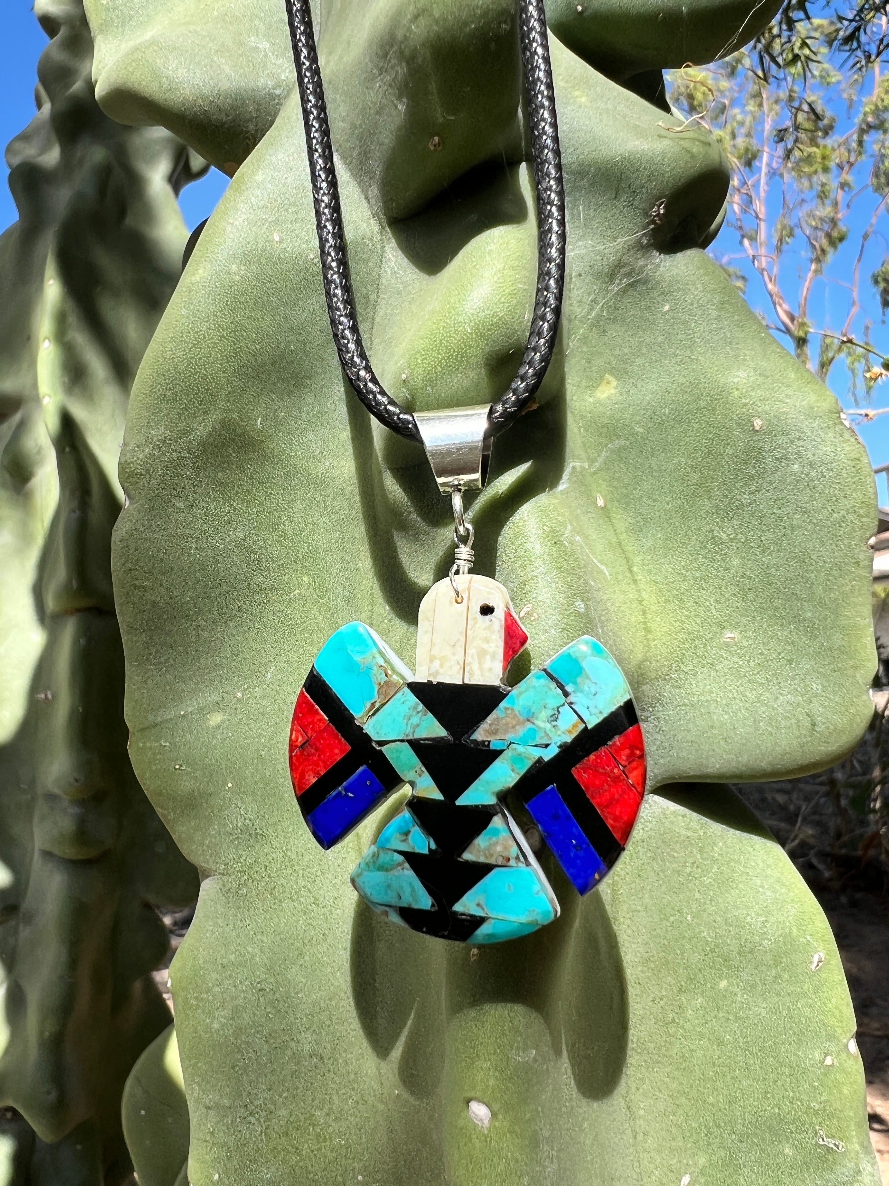Mosaic Inlay Turquoise Thunderbird Pendant Necklace