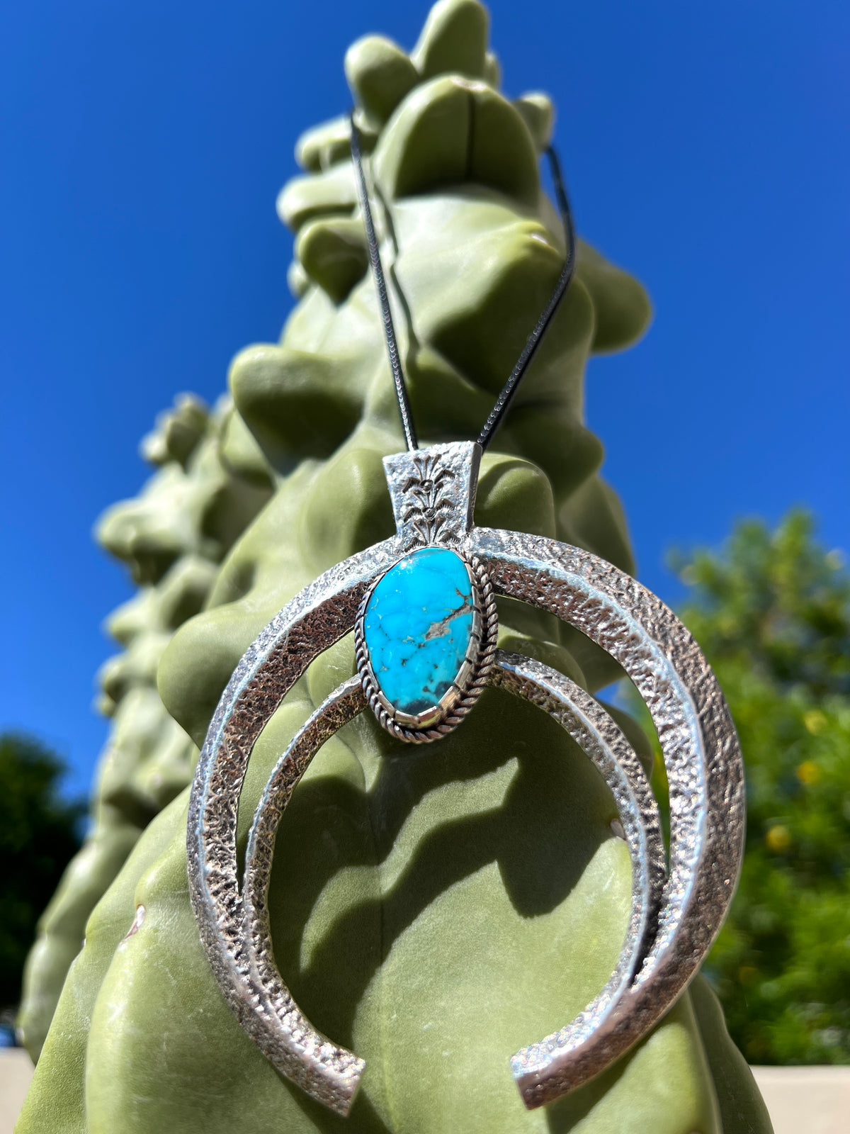 Navajo Silver and Morenci Turquoise Super Naja Pendant Necklace