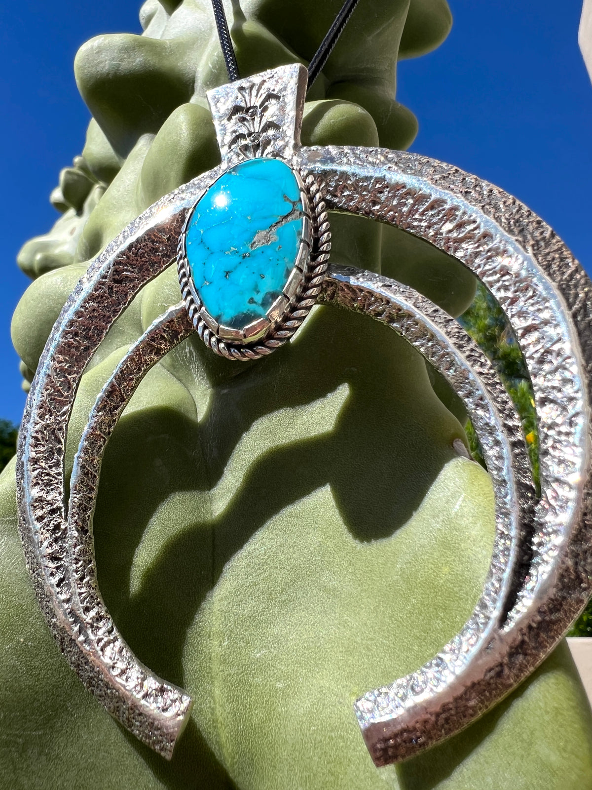 Navajo Silver and Morenci Turquoise Super Naja Pendant Necklace