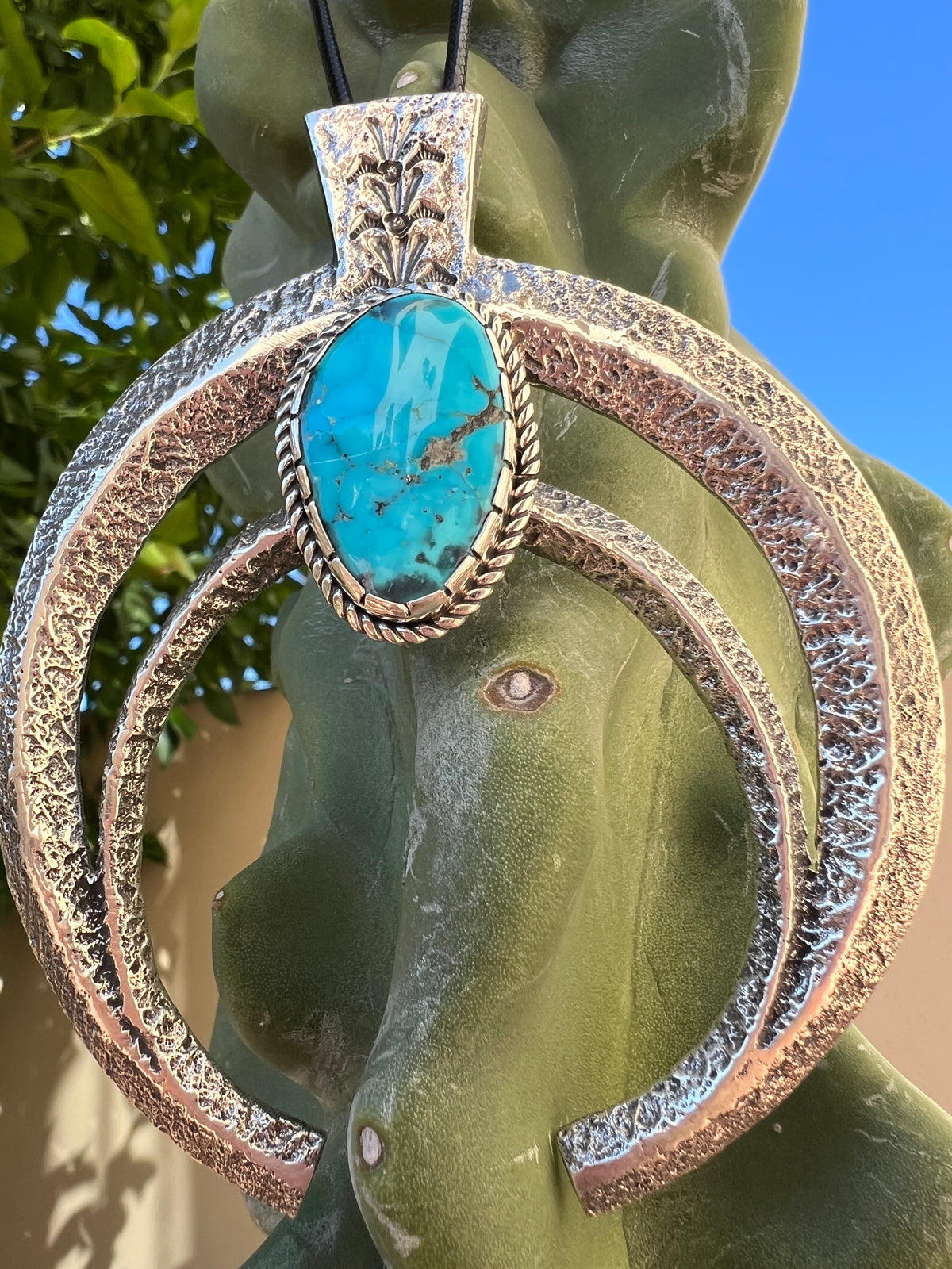 Navajo Silver and Morenci Turquoise Super Naja Pendant Necklace