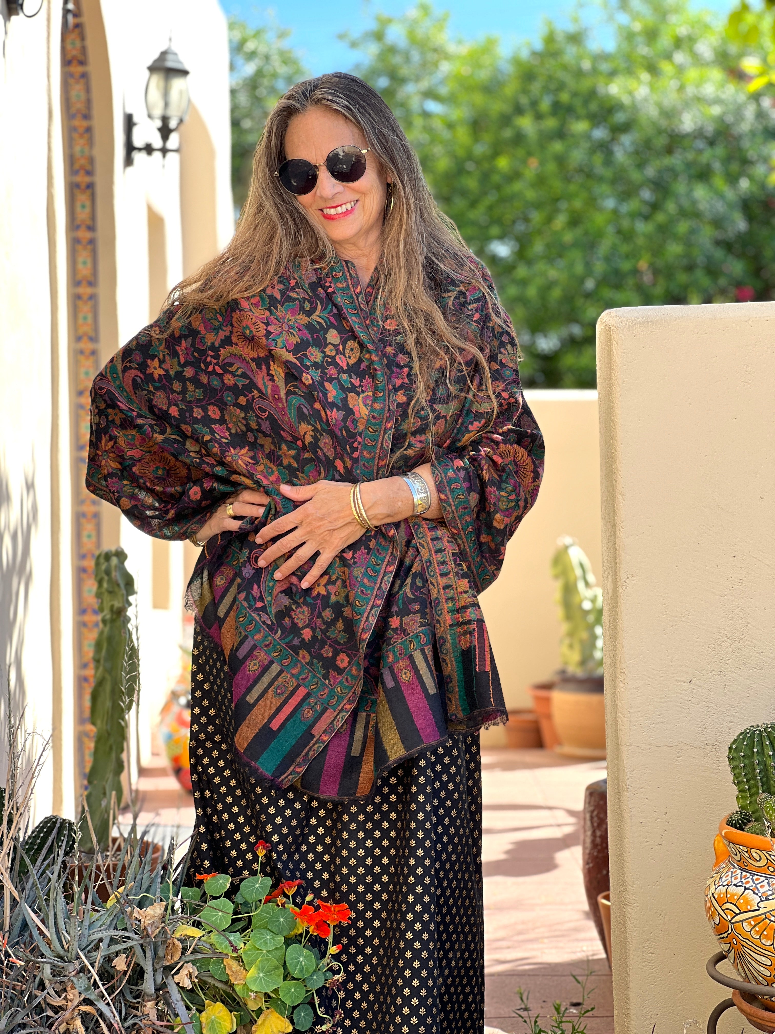 Black and Teal Floral Kani Shawl Fine Wool one of a Kind