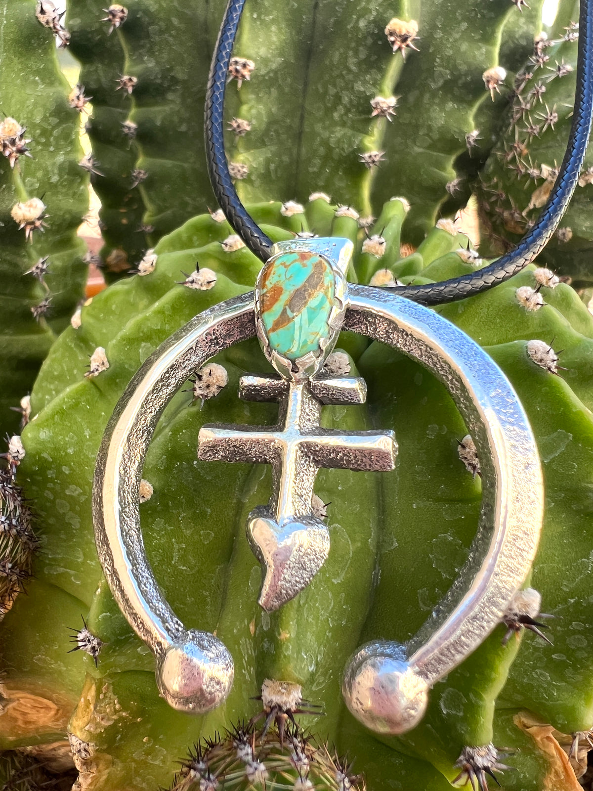 Navajo Pueblo Cross Silver and Kingman Turquoise Pendant Necklace