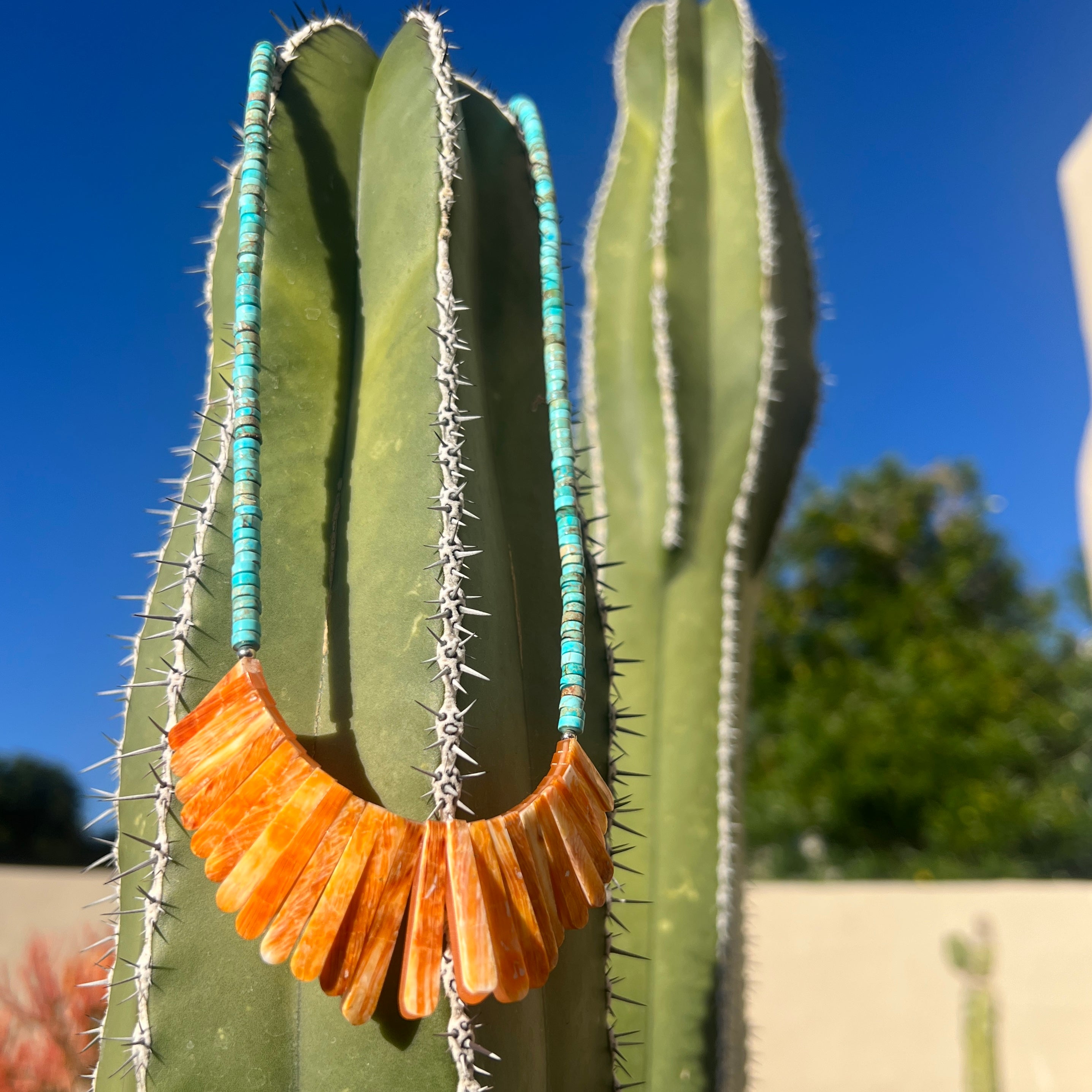 Turquoise with Orange Spiny Oyster Shell Necklace Santo Domingo